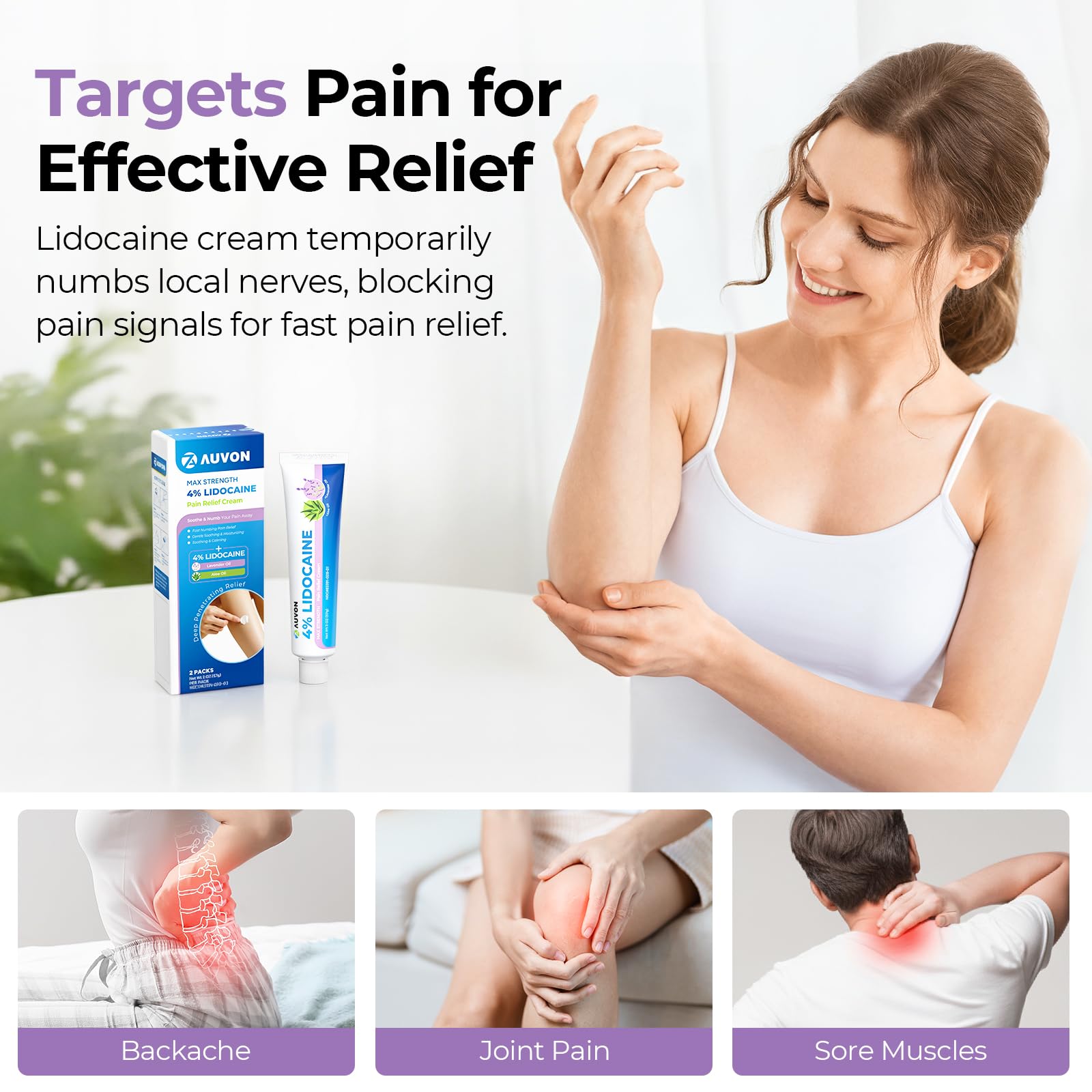 AUVON Max Strength Lidocaine Pain Relief Cream with Lavender & Aloe Vera, Numbing Cream for Minor Arthritis Pain, Soothing Muscle for Neck, Shoulder, Hip, Knee, Joint and Back Pain, 2 Oz, 2 Packs AUVON uk supplements