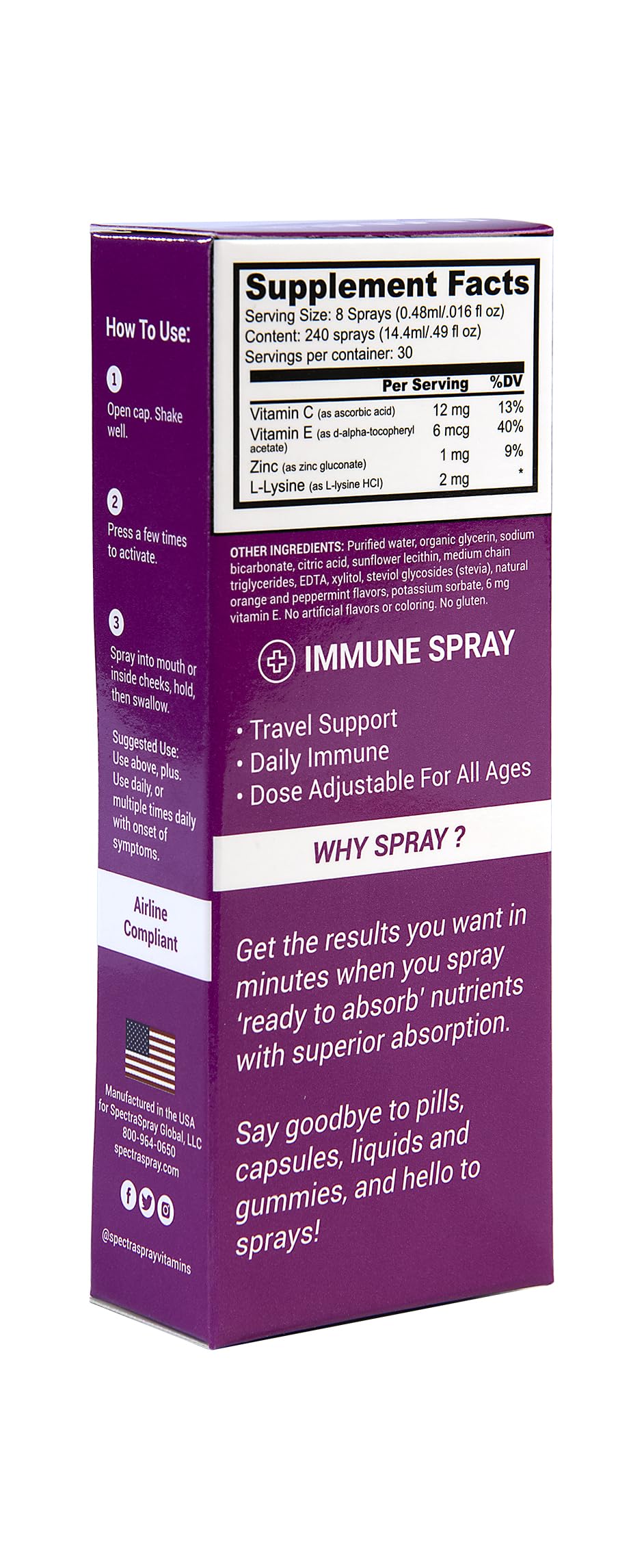 Spectraspray Immune Support Vitamin Spray - Vitamins C, E, Zinc and L-Lysine, 30 Day Supply per Spray Spectraspray uk supplements