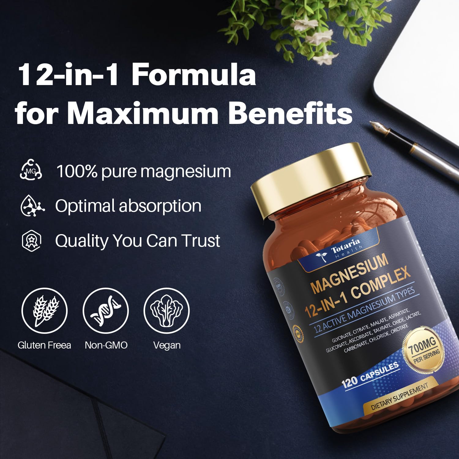 Totaria Magnesium Complex 700mg 12 in 1 Magnesium Supplement with Glycinate Citrate Malate Oxide Taurate Aspartate Orotate Magnesium Relaxation,Muscle,Heart Support, Vegan 120 Capsules Totaria uk supplements