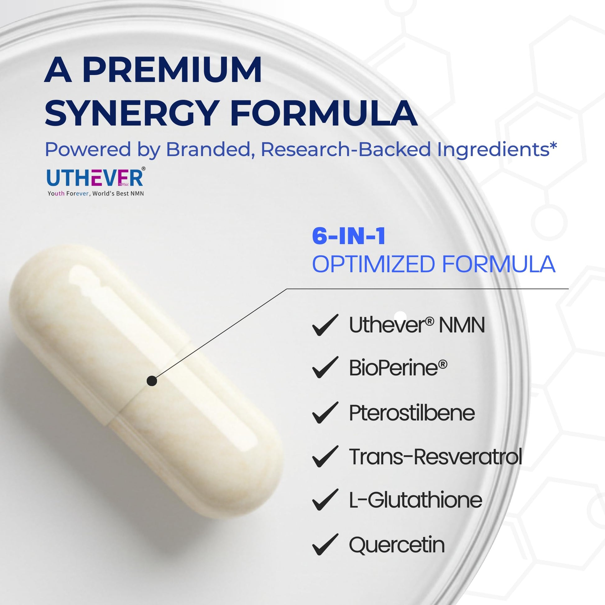 BONE SCIENCE Uthever NMN & Pterostilbene 6-in-1 Complex with Resveratrol, Glutathione & BioPerine - High Purity Stabilized NAD+ Precursor for Healthy Aging & Cellular Energy - 60 Vegetarian Capsules BONE SCIENCE uk supplements