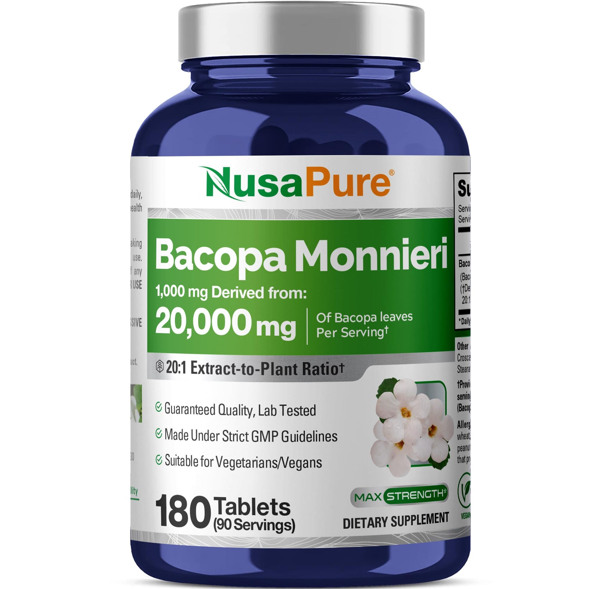 NusaPure Bacopa Leaf Monnieri Extract 20,000 mg 180 Tablets (Extract 20:1, Non-GMO, Gluten Free & Vegan) NusaPure uk supplements