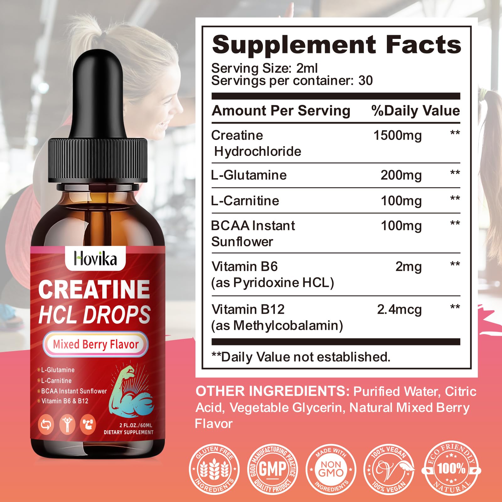 Creatine HCL Liquid Drops for Men & Women, Creatine Hydrochloride with L-Carnitine, L-Glutamine, BCAA, Vitamin B12 & B6 for Muscle Growth & Recovery-Vegan, Mixed Berry Flavor Flavor, 2 Fl Oz Hovika uk supplements
