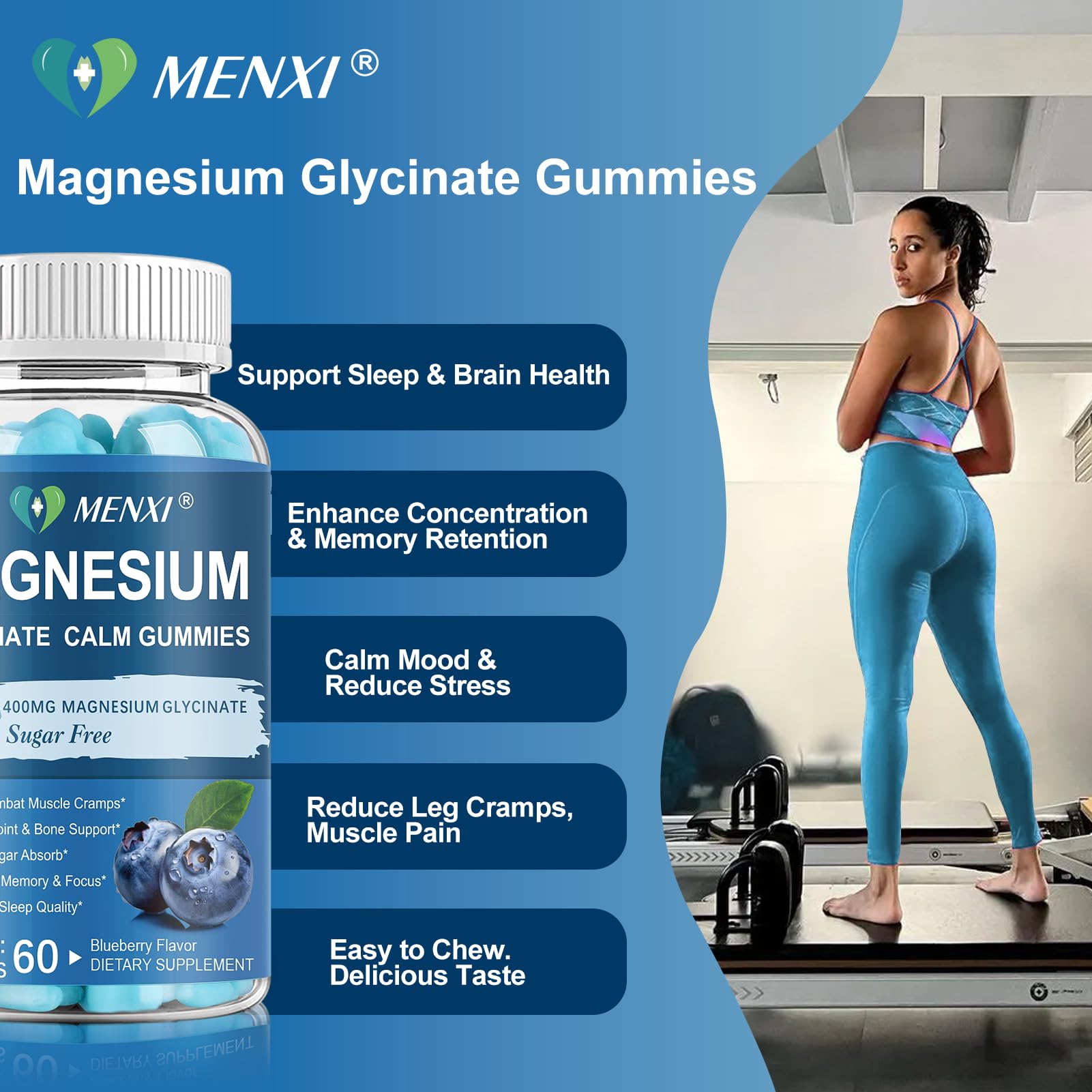 Magnesium Gummies 600mg per Serving-Magnesium Glycinate 400mg and Magnesium Malate 200mg,Sugar Free Magnesium Potassium Supplement for Calm Mood, Muscle, Bone & Sleep Support,60 Blueberry Gummies MENXI uk supplements