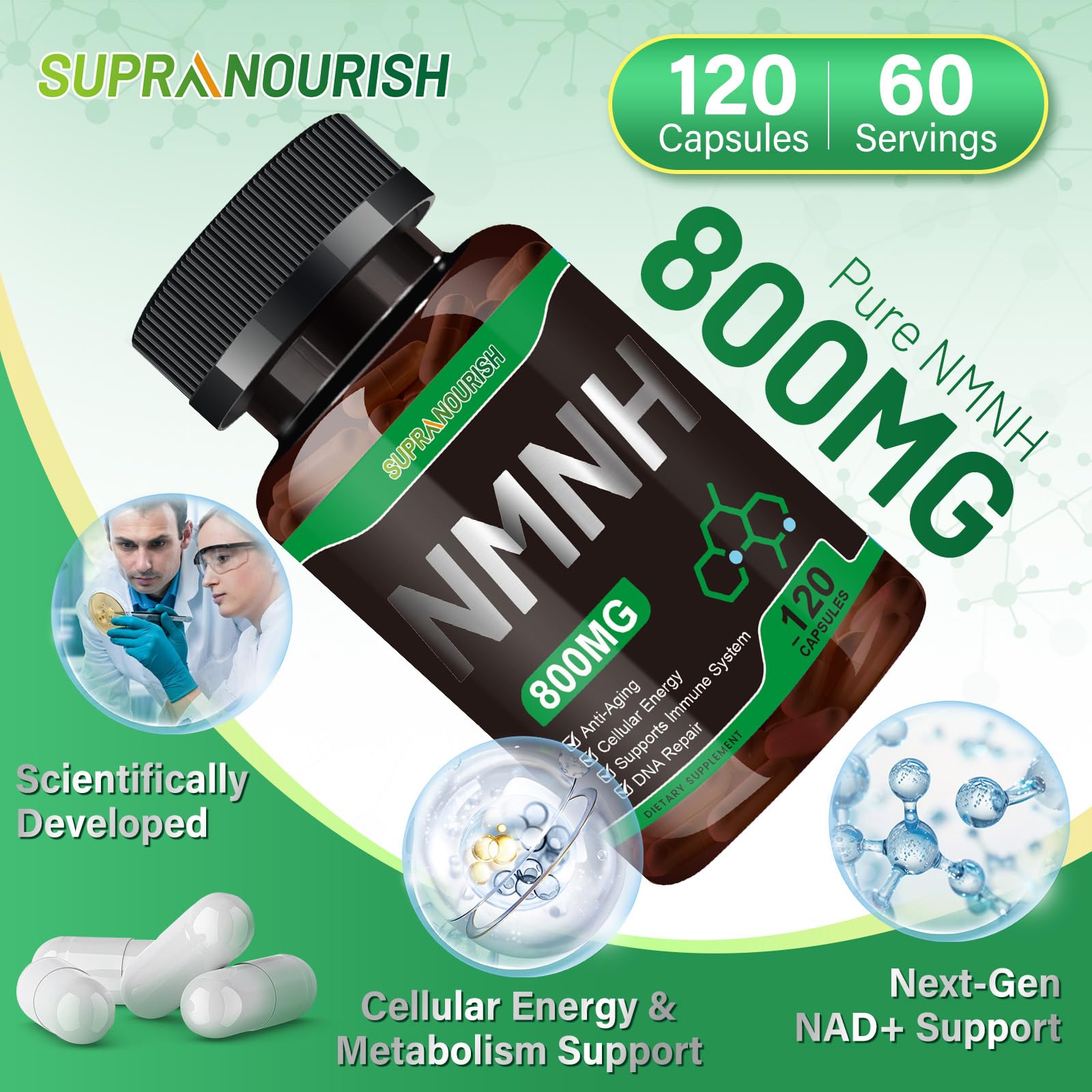 SUPRANOURISH Pure NMNH Supplement 120 Capsules - 800mg High-Purity NMNH Supplements, NAD Supplement for Boost NAD+ for Anti-Aging & Cellular Energy SUPRANOURISH uk supplements
