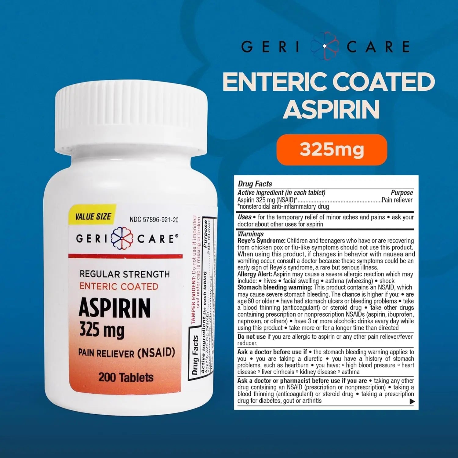 GeriCare Enteric Coated Aspirin Tablets 325mg (200 Count) NSAID Pain Reliever & Fever Reducer for Adults- Regular Strength Aspirin for Headache Arthritis Menstrual & Muscle Pain GeriCare uk supplements