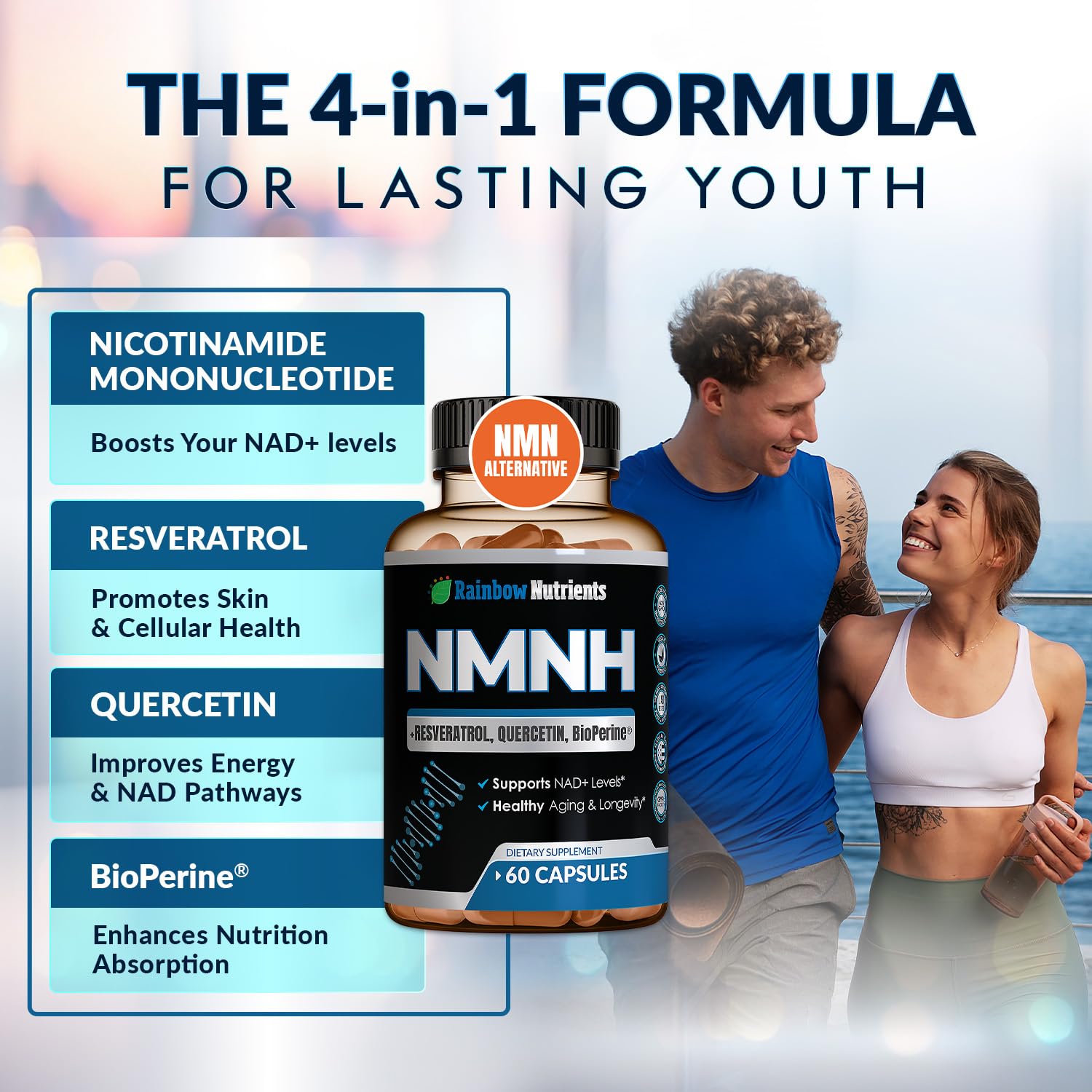 NMNH Supplement (NMN Alternative) NAD Booster for Anti-Aging, Cellular Energy & Nice Skin- Dihydronicotinamide mononucleotide, Resveratrol, Quercetin & BioPerine® for Max Absorption- 60 caps Rainbow Nutrients, LLC uk supplements