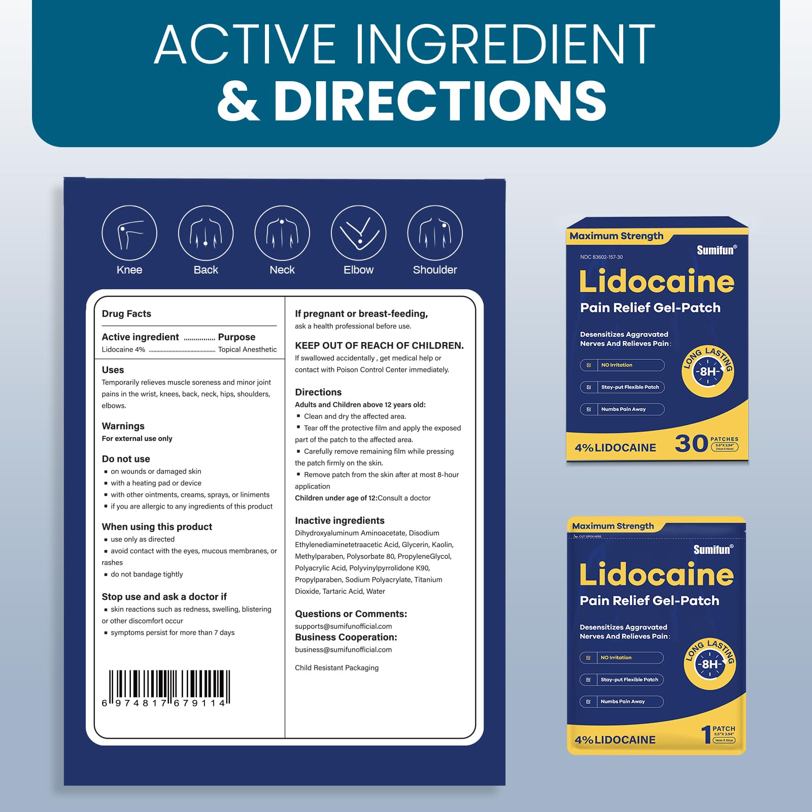 Sumifun 4% Lidocaine Pain Relief Patches 30 Count Maximum Strength Numbing Gel Patch for Back Knee Neck Joint Ache Muscle Soreness Topical Analgesic Sumifun uk supplements