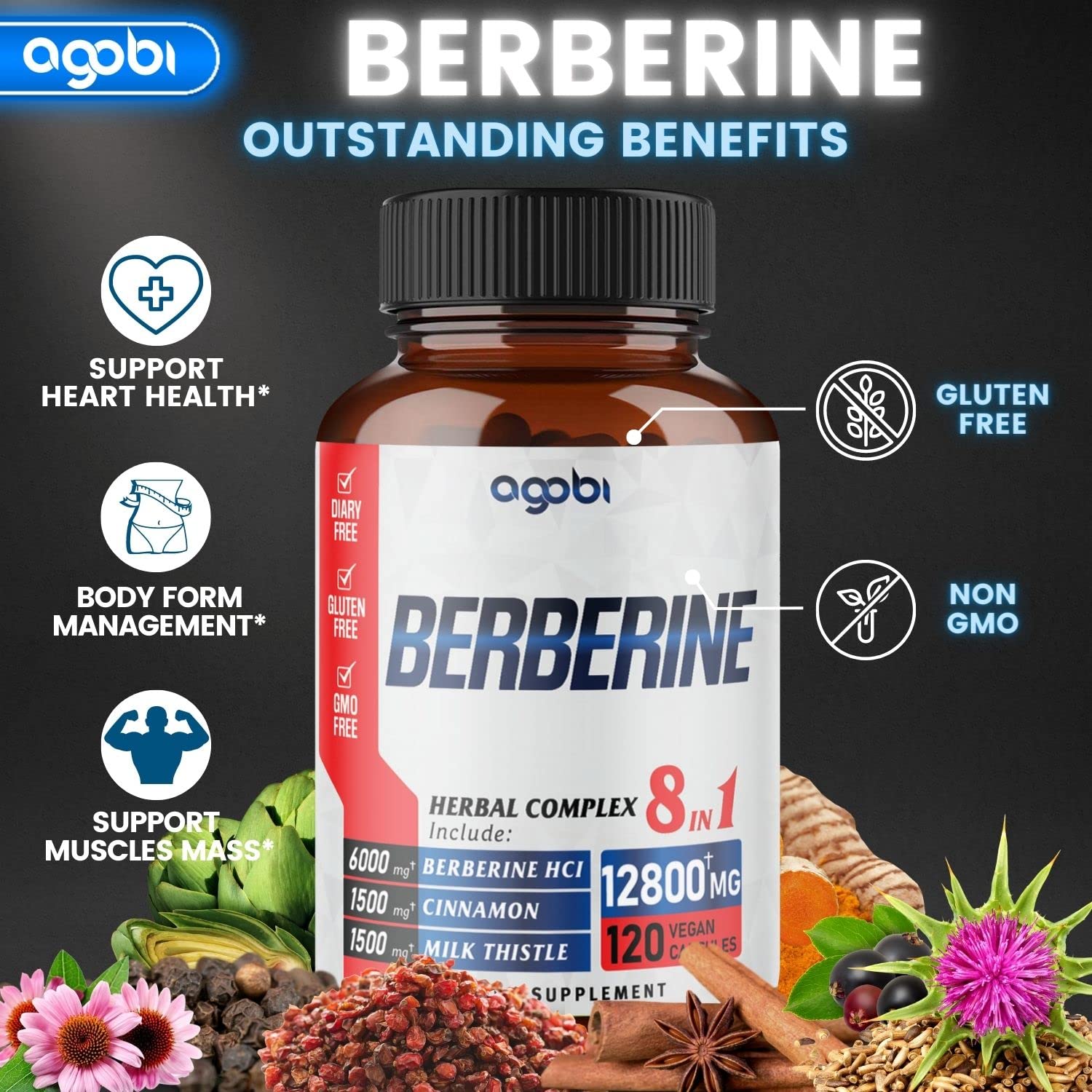 120 Capsules - Berberine Supplement 12800mg with Ceylon, Milk Thistle, Turmeric agobi uk supplements