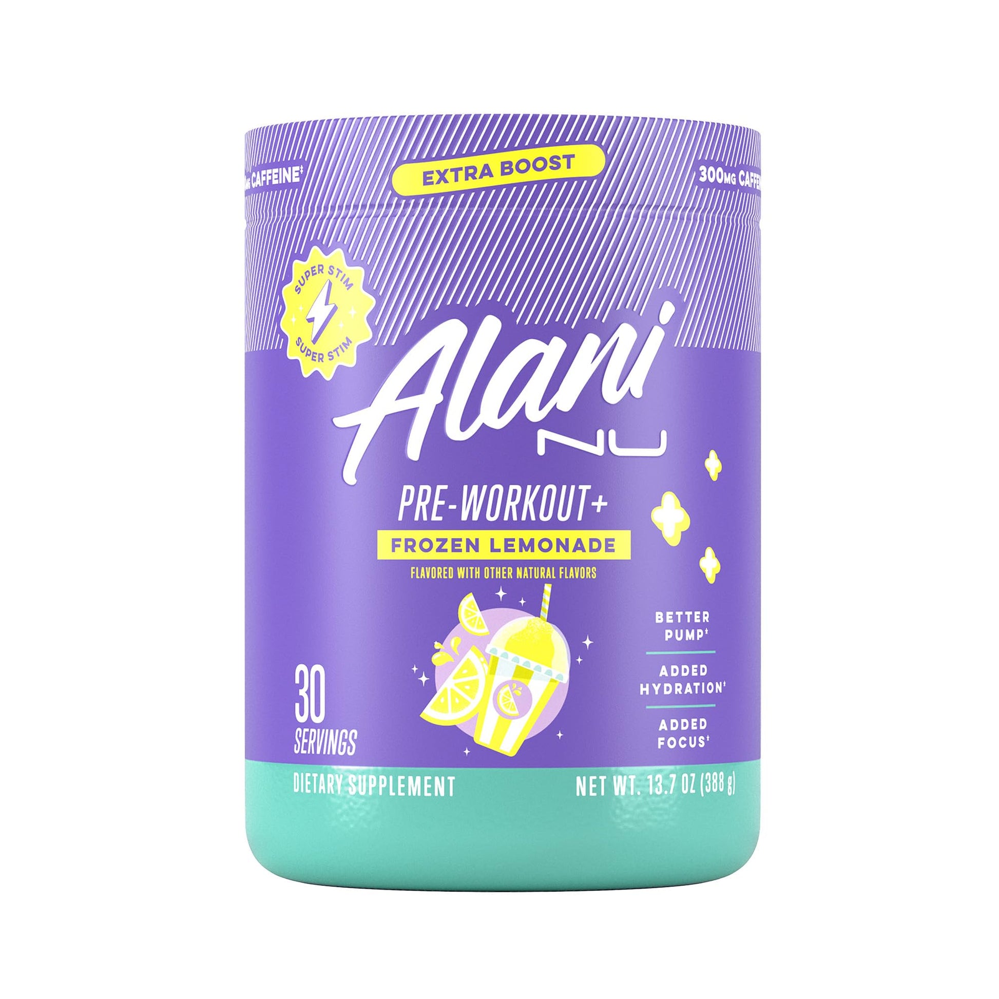 Alani Nu Pre Workout+ Powder Frozen Lemonade, Extra Boost, Sugar Free, 300mg Caffeine, L-Theanine, Beta-Alanine, Citrulline, 30 Servings Alani Nu uk supplements