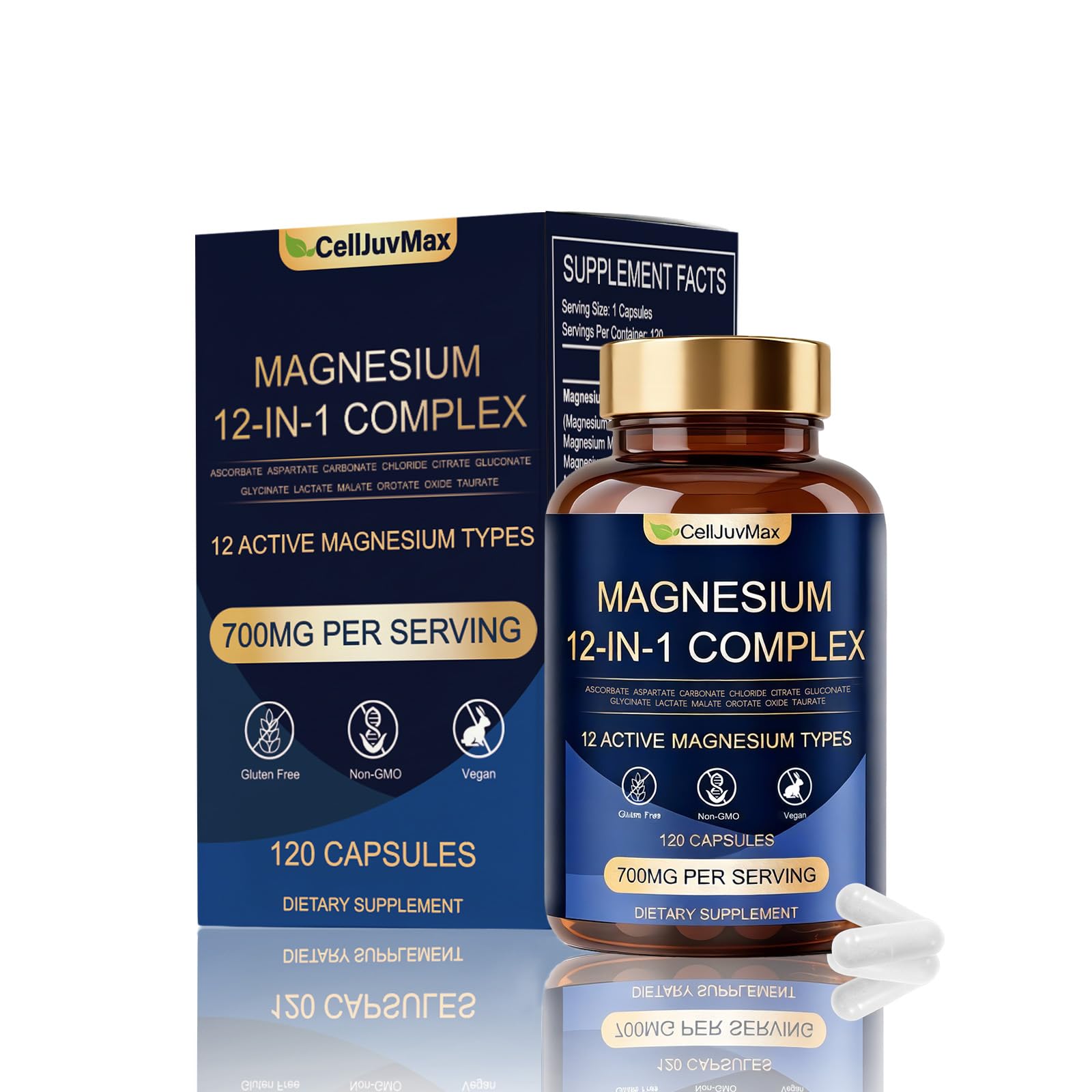 Magnesium 12-in-1 Complex 700mg, with Glycinate & Citrate, Vegan Supplement for Daily Wellness, 120 Capsules (1) WOJJ uk supplements