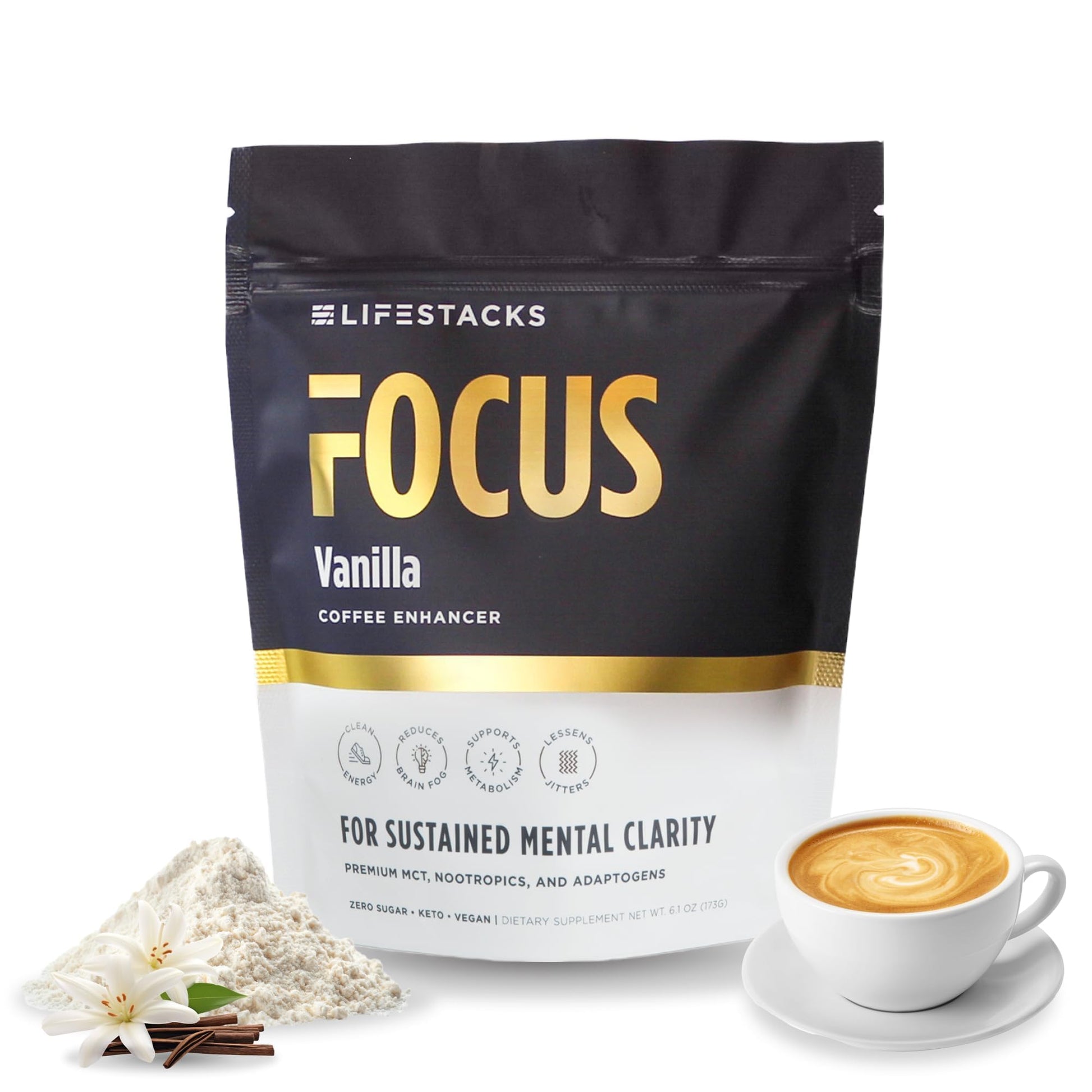 LIFESTACKS Focus Coffee Creamer for Energy & Clarity - MCT Powder + Nootropics + Adaptogens - Boost Productivity Without Jitters or Crash - Keto, Vegan, 0 Sugar - with Taurine, L-Tyrosine, Rhodiola LIFESTACKS uk supplements