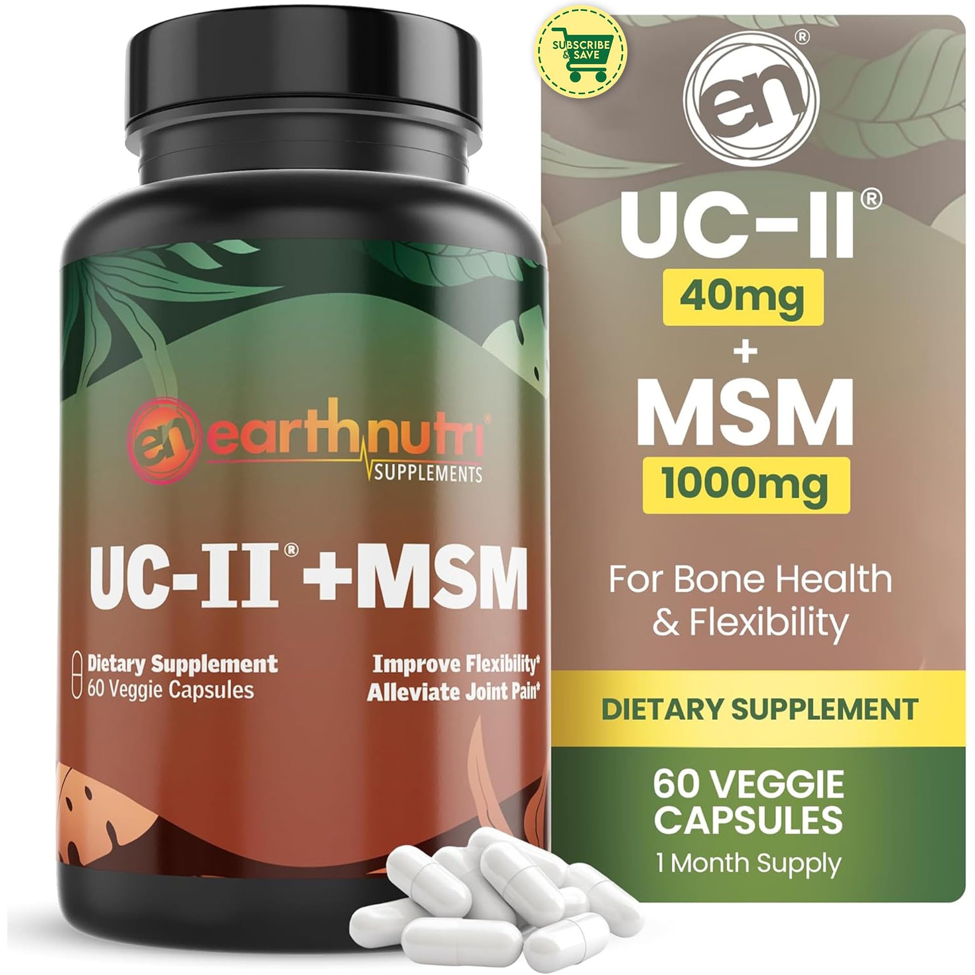 EarthNutri UC-II Collagen & MSM Supplement for Bone Health and Joint Flexibility Joint Supplement - 40mg UC-II Providing 10mg Total Collagen & 1000mg MSM - 60 Capsules (2 Caps Daily) EarthNutri uk supplements