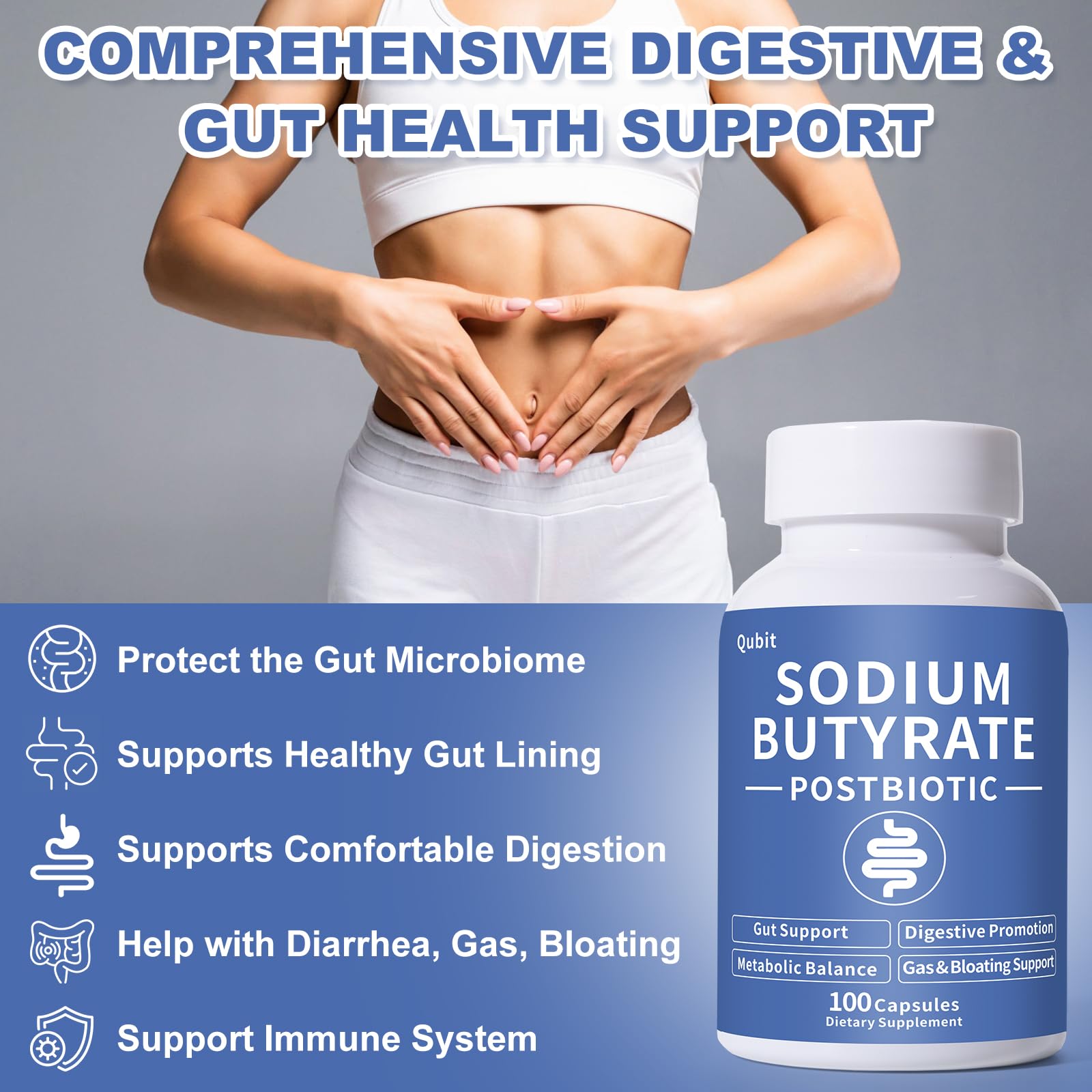 Sodium Butyrate Supplement – Postbiotic for Gut Health, Supports Digestion, IBS, Leaky Gut & Stomach Comfort – Low Odor, Easy to Swallow, No Side Effects – 100 Vegan Capsules QUBIT uk supplements