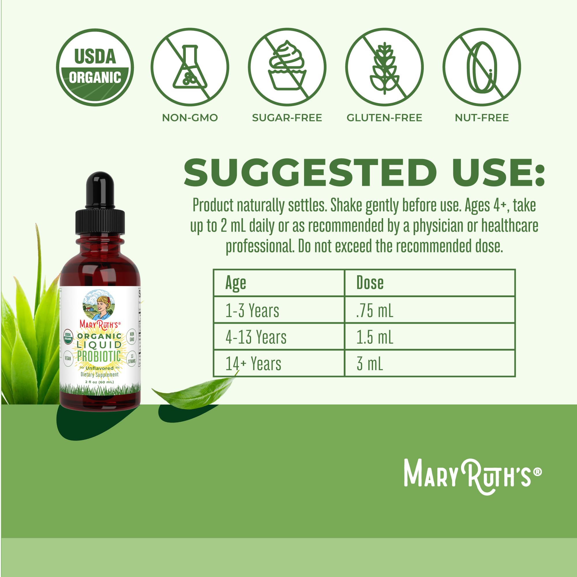 MaryRuth Organics Liquid Probiotic for Ages 4+ | 2 Billion CFU | 13 Probiotic Strains | Gut Health & Digestive Support | Gas & Bloating Support | Vegan | Gluten Free | Travel-Friendly | 20 Servings MARYRUTH'S uk supplements