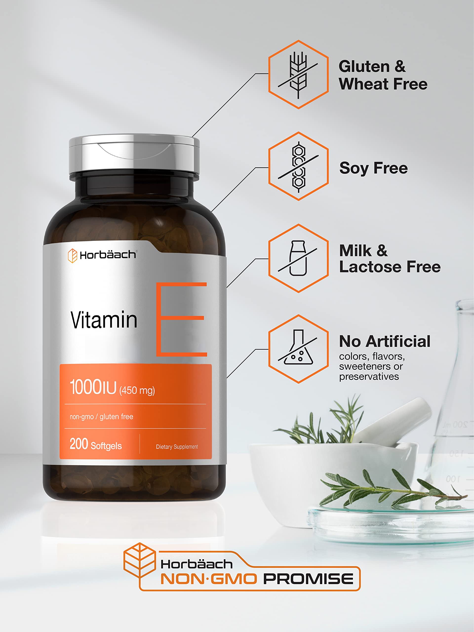 Vitamin E 1000 IU Softgel Capsules | 200 Count | Non-GMO, Gluten Free, Preservative Free Horbäach uk supplements