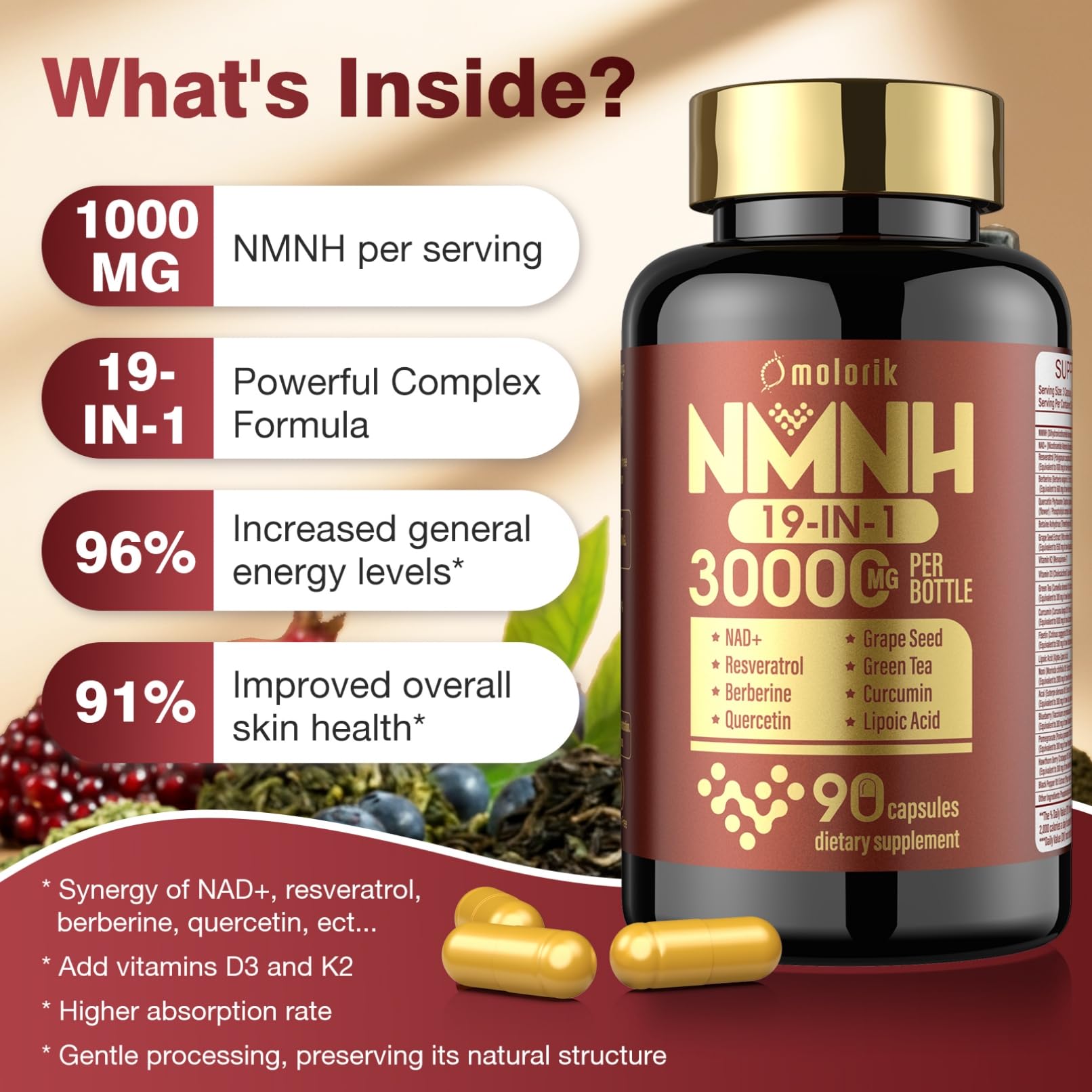 19 in 1 NMNH (Dihydronicotinamide Mononucleotide) 1000mg Per Serving, Nad Supplement Boost NAD+ Levels Nad Resveratrol Supplement with Quercetin, Vitamin D3 K2, Healthy Aging, Energy, 90 Capsules molorik pure uk supplements