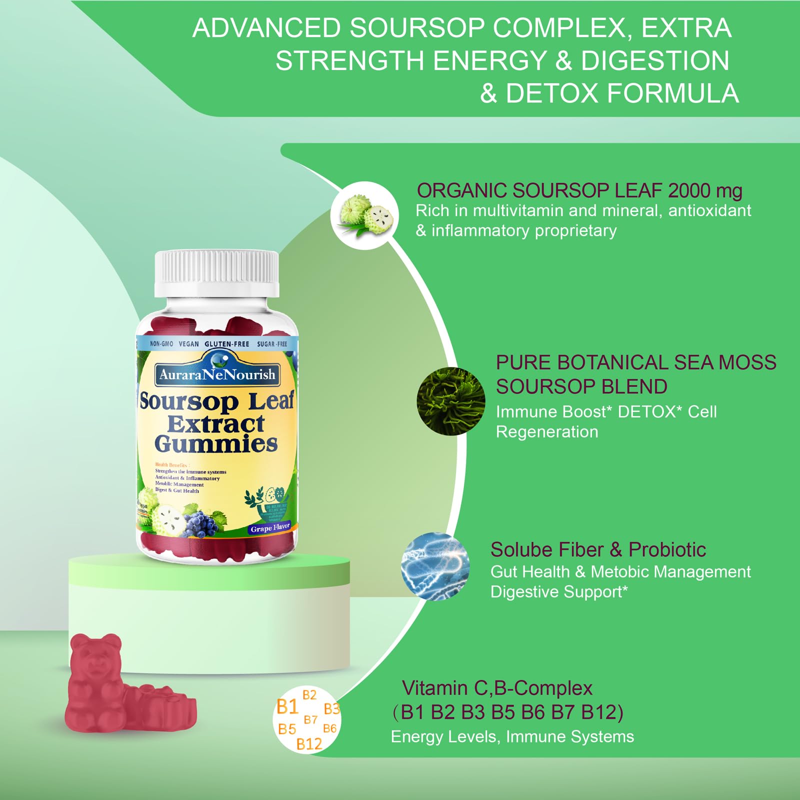 AuraraNeNourish Sugar Free Soursop Gummies with Probiotics & Fiber 100 Billion CFUs, Organic Soursop Leave Extract with Vitamin C B-Complex for Digestive Gut Health, Energy Balance, Immune Boost AuraraNeNourish uk supplements