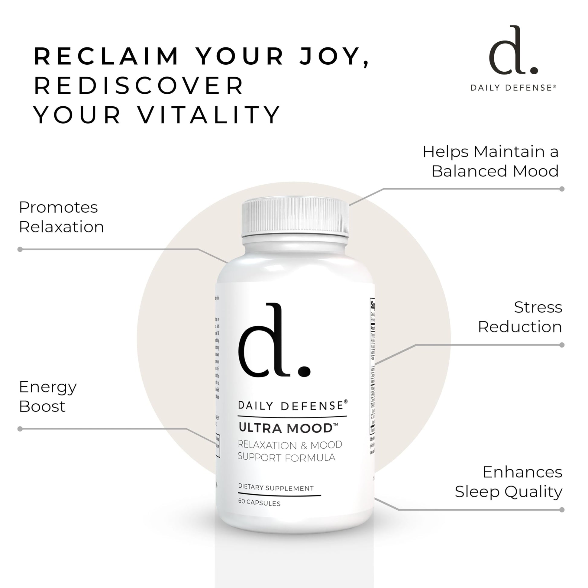 Daily Defense Mood Support Supplement - Ultra Mood 60 Count Mood Enhancer with Calcium Carbonate, Folic Acid, GABA, 5-HTP, Ashwagandha Root Extract & More - Non GMO Mood & Relaxation Supplement Daily Defense uk supplements