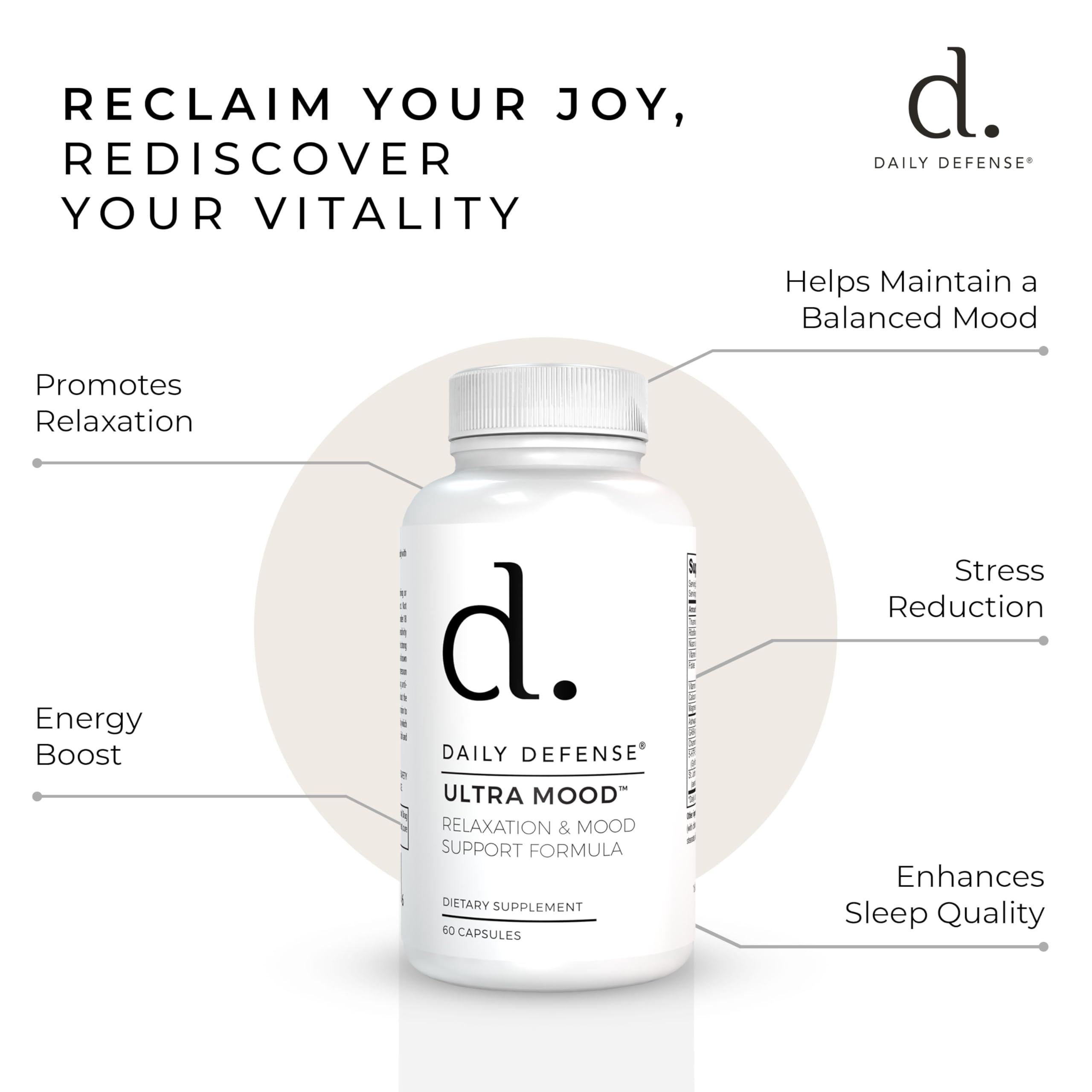 Daily Defense Mood Support Supplement - Ultra Mood 60 Count Mood Enhancer with Calcium Carbonate, Folic Acid, GABA, 5-HTP, Ashwagandha Root Extract & More - Non GMO Mood & Relaxation Supplement Daily Defense uk supplements