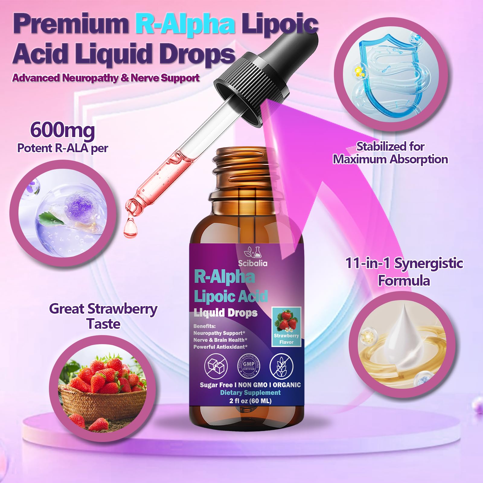 R Alpha Lipoic Acid 600mg Liquid Drops for Neuropathy, Advanced 11-in-1 Stabilized R-ALA Supplement w. Benfotiamine Acetyl L-Carnitine Vitamin C E for Antioxidant Nerve Brain Energy Health Non GMO Scibalia uk supplements