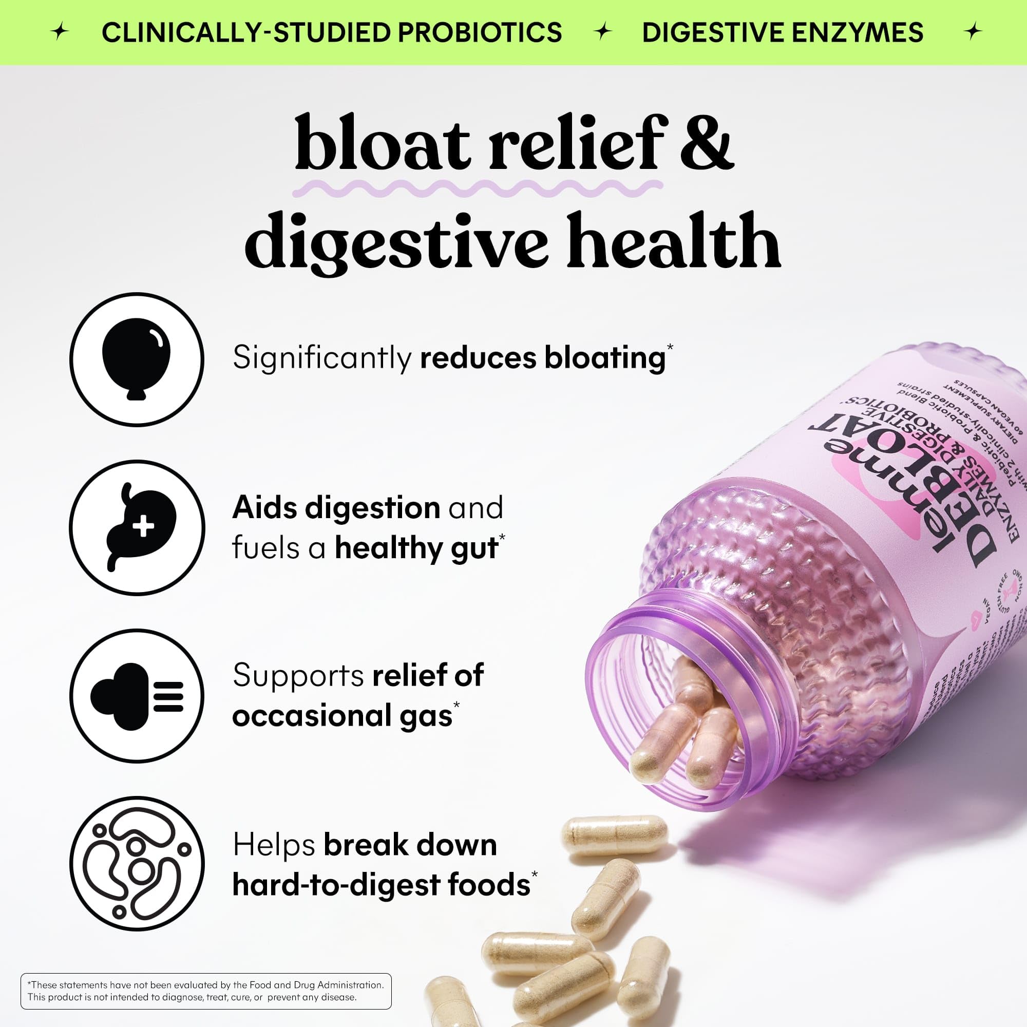 Lemme Debloat 3-in-1 Prebiotic, Probiotic & Digestive Enzyme Capsules for Bloating & Gas Relief - 2 Clinically Studied Probiotics w/5 Digestive Enzymes to Improve Digestion, Women & Men, (60 Count) Lemme uk supplements