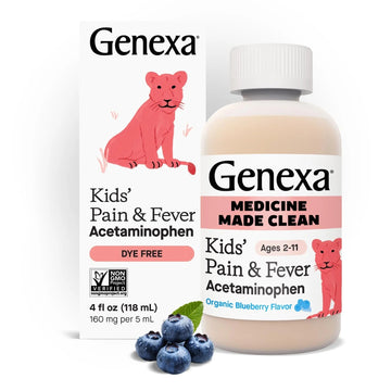 Genexa Children's Clean Acetaminophen | Pediatrician Preferred Ingredients | Pain & Fever Reducer for Kids | Dye Free, 0% Artificial Additives | Ages 2-11, Delicious Organic Blueberry Liquid, 4 fl oz Genexa uk supplements