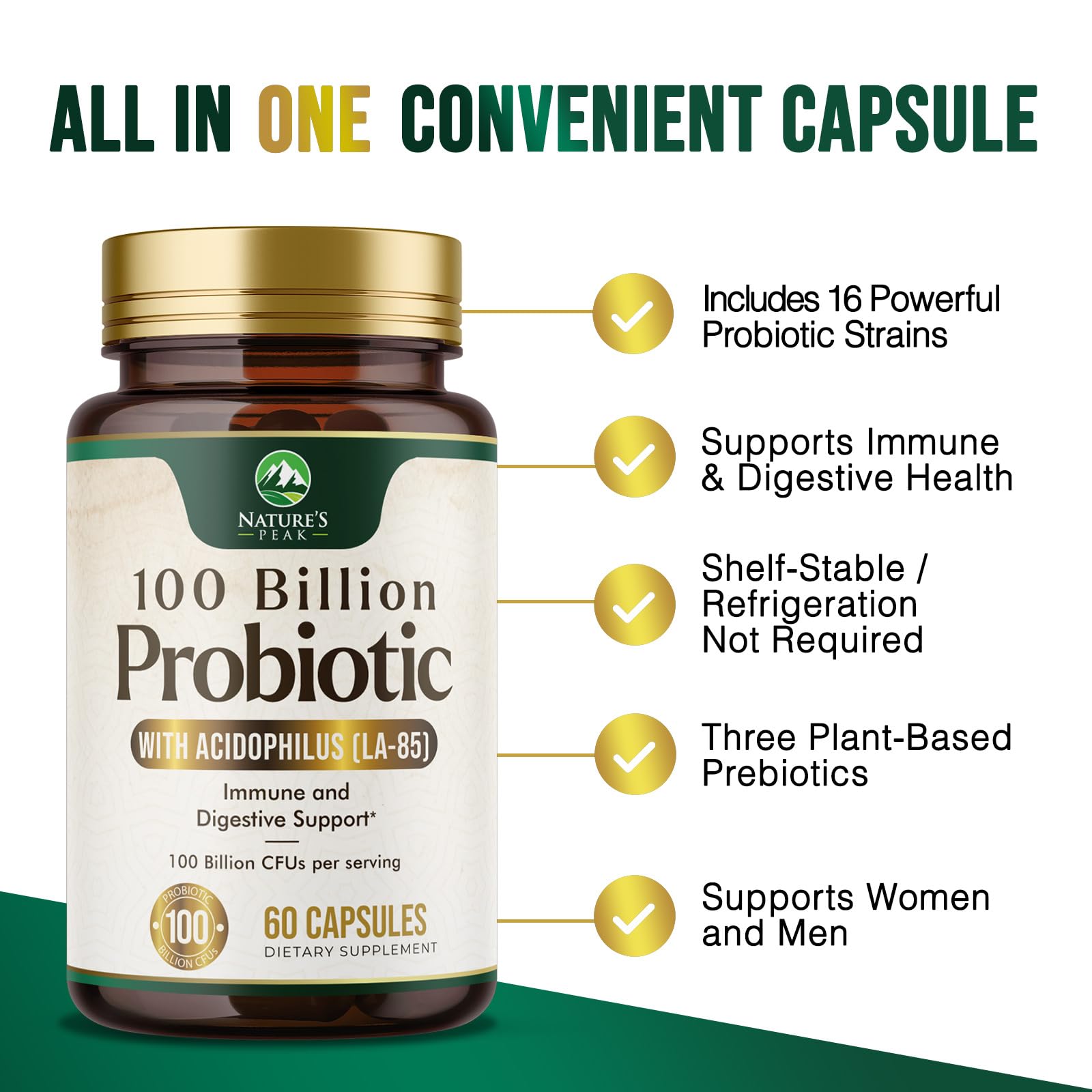 Probiotics 100 Billion CFU Per Serving - 16 Premium Probiotic Strains Prebiotics - Immune Support, Gut Health, Occasional Constipation, Gas & Bloating, Probiotics Supplement, USA Bottled, 60 Capsules Nature's Peak uk supplements