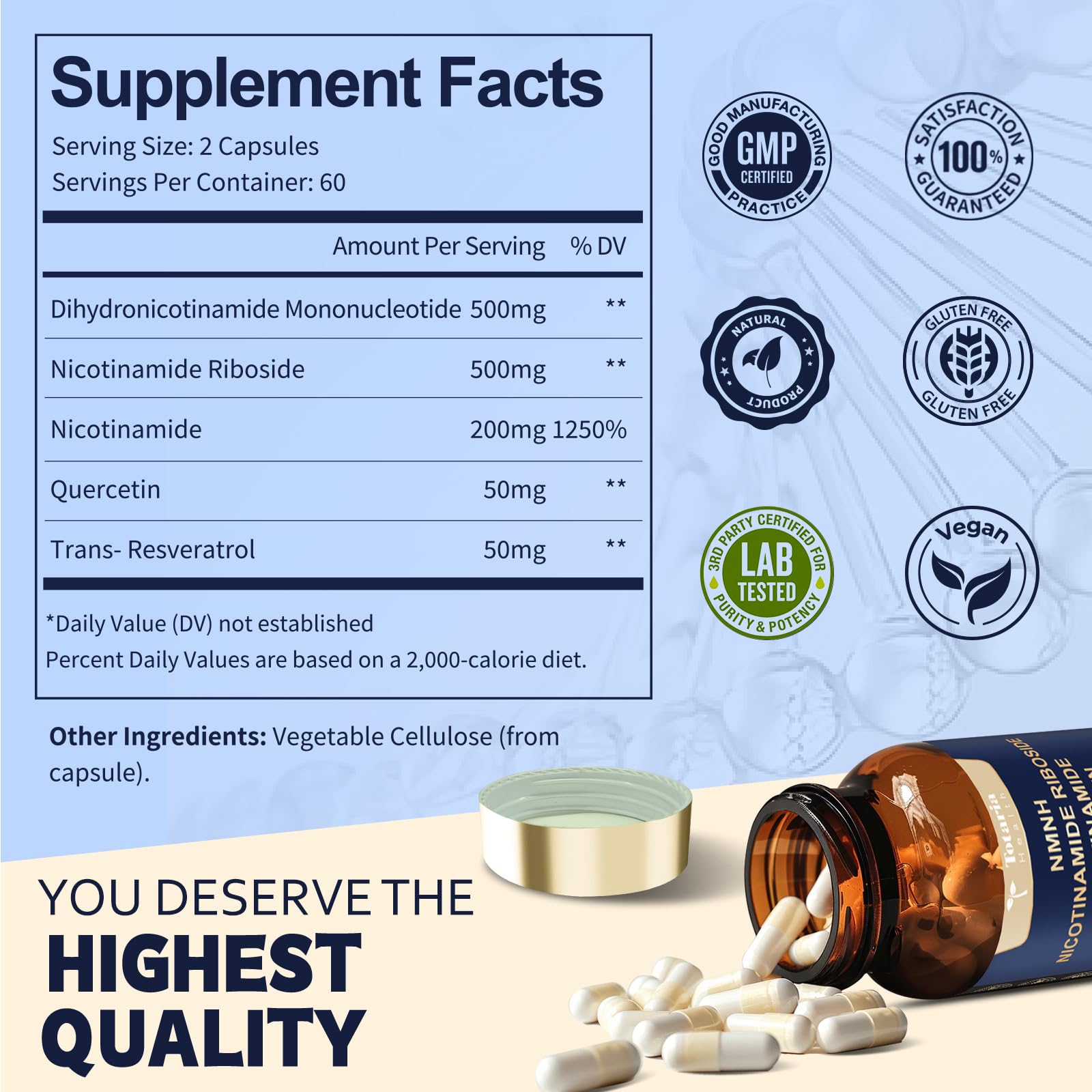 Totaria NMNH 500mg (Dihydronicotinamide Mononucleotide), Premium NMN Alternative Supplement w/Niacinamide (Vitamin B3), Quercetin, Trans-Resveratrol, for NAD+, Skin Cell, Anti-Aging & Energy, 120 Ct Totaria uk supplements