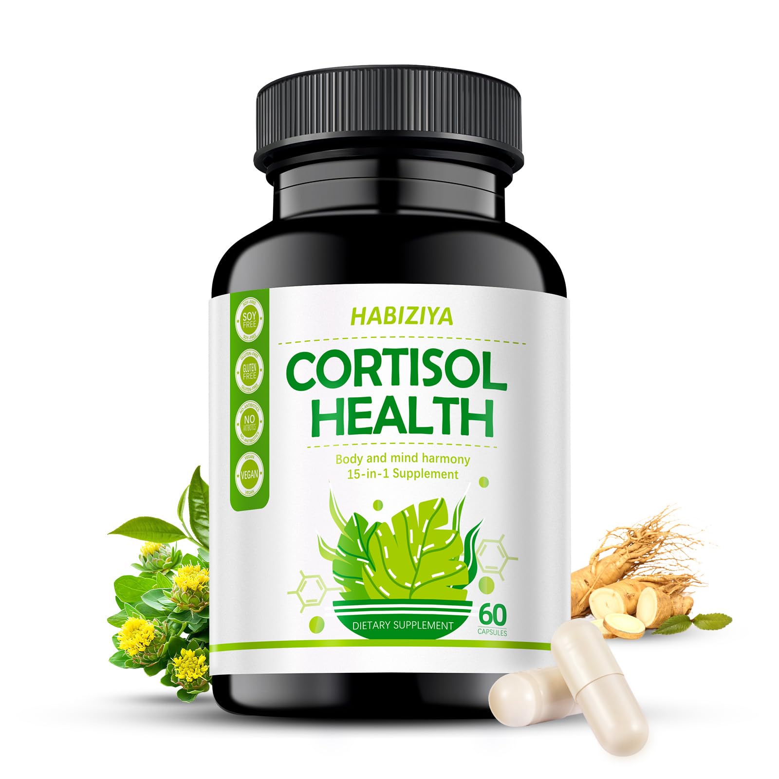 HABIZIYA Cortisol Support Supplement with Magnesium Glycinate, L-Theanine, Ashwagandha, Phosphatidylserine,Rhodiola Rosea 15-in-1 Hormone Balance for Women Men Mood, Focus, Sleep Support 60 Capsules HABIZIYA uk supplements