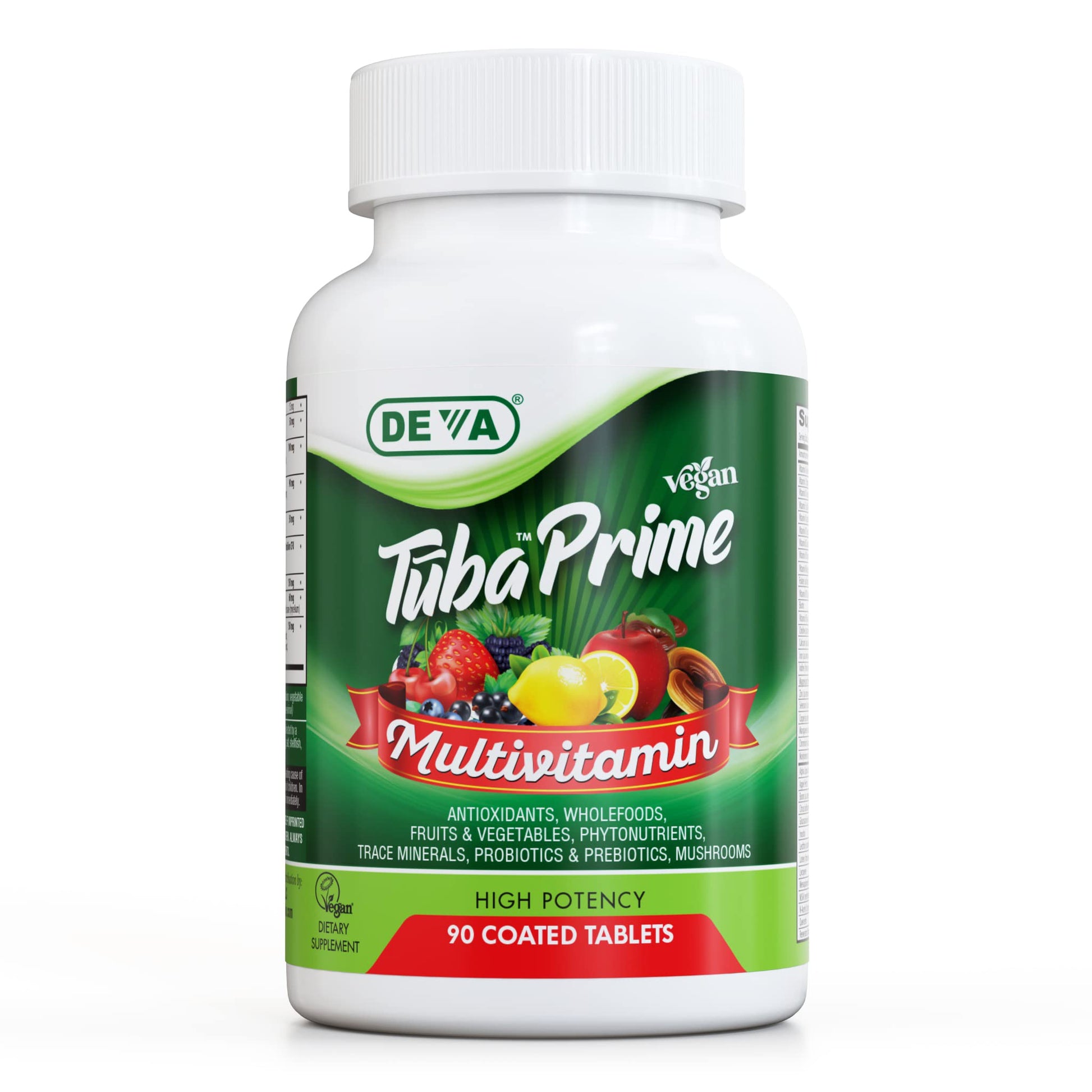 DEVA Tuba Prime Vegan Multivitamin - High-Potency Vitamin and Mineral Dietary Supplement - Antioxidants, Fruit and Vegetable Blend, Super Mushrooms, Probiotics, Prebiotics, Seeds, Herbs - 90 Tablets DEVA uk supplements