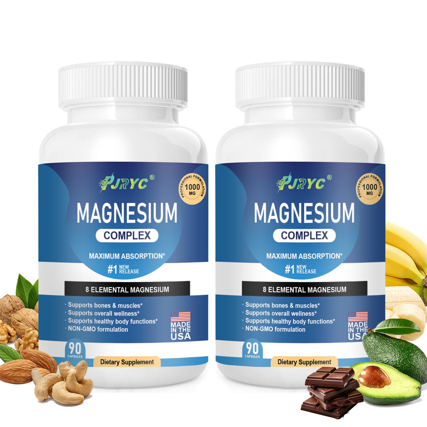Magnesium Complex Supplement - 1000mg with 8 Magnesium Forms: Glycinate, Citrate, Malate, Taurate & Orotate - Supports Muscle Function, Bone Strength & Relaxation - Vegan, Non-GMO - 180 Capsules PJRYC uk supplements