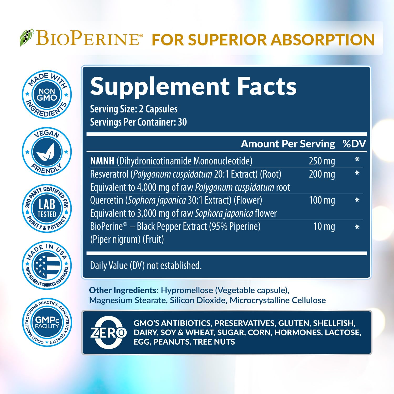 NMNH Supplement (NMN Alternative) NAD Booster for Anti-Aging, Cellular Energy & Nice Skin- Dihydronicotinamide mononucleotide, Resveratrol, Quercetin & BioPerine® for Max Absorption- 60 caps Rainbow Nutrients, LLC uk supplements