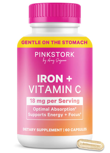 Pink Stork Iron for Women – 18 mg Non-Constipating Iron Bisglycinate + Vitamin C for Optimal Absorption – Energy, Focus, & Oxygen Supply – PMS, Pregnancy, Postpartum & Perimenopause - 60 Capsules Pink Stork uk supplements