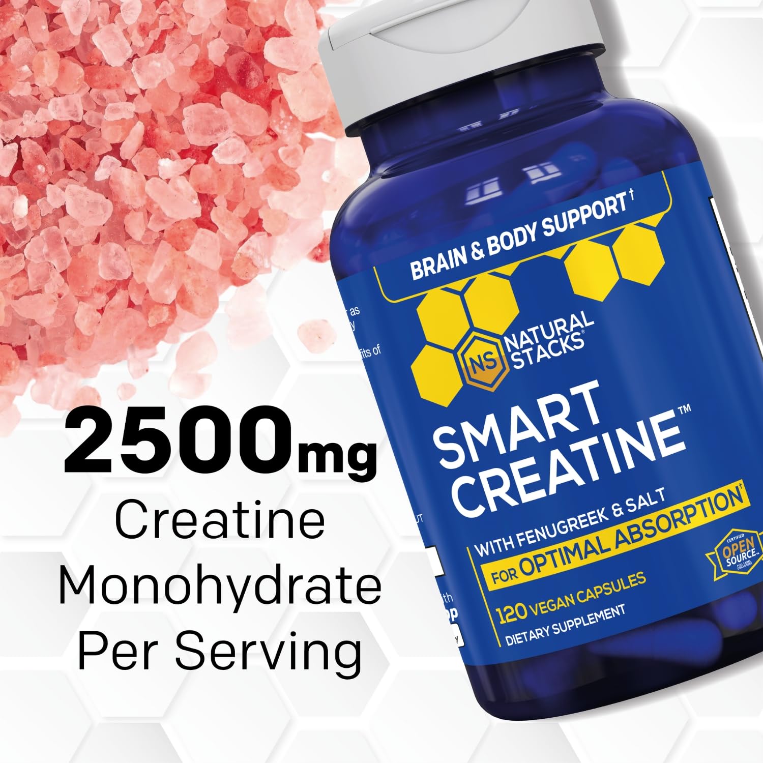 Creatine Monohydrate - 2500mg Creatine Pills - 450mg Fenugreek Extract & 250mg Himalayan Pink Salt - Supports Brain Health, Endurance & Muscle Building - Advanced Absorption Formula - 120 Capsules NATURAL STACKS uk supplements