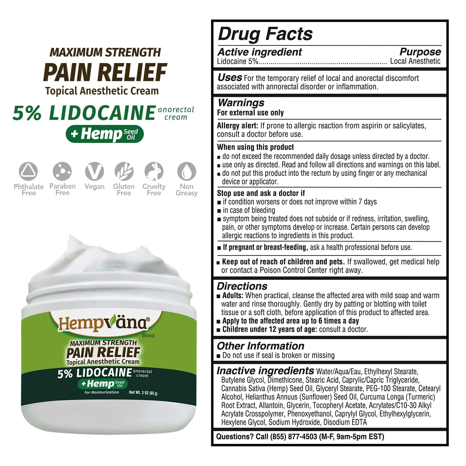 Hempvana 5% Lidocaine Relief Cream, Maximum Strength, AS-SEEN-ON-TV, Strong Cream, Numbs Irritated Nerves for Fast Anorectal Relief, Non-Greasy, Targeted Long-Lasting Relief. Enriched with Hemp, 3 Oz Hempvana uk supplements