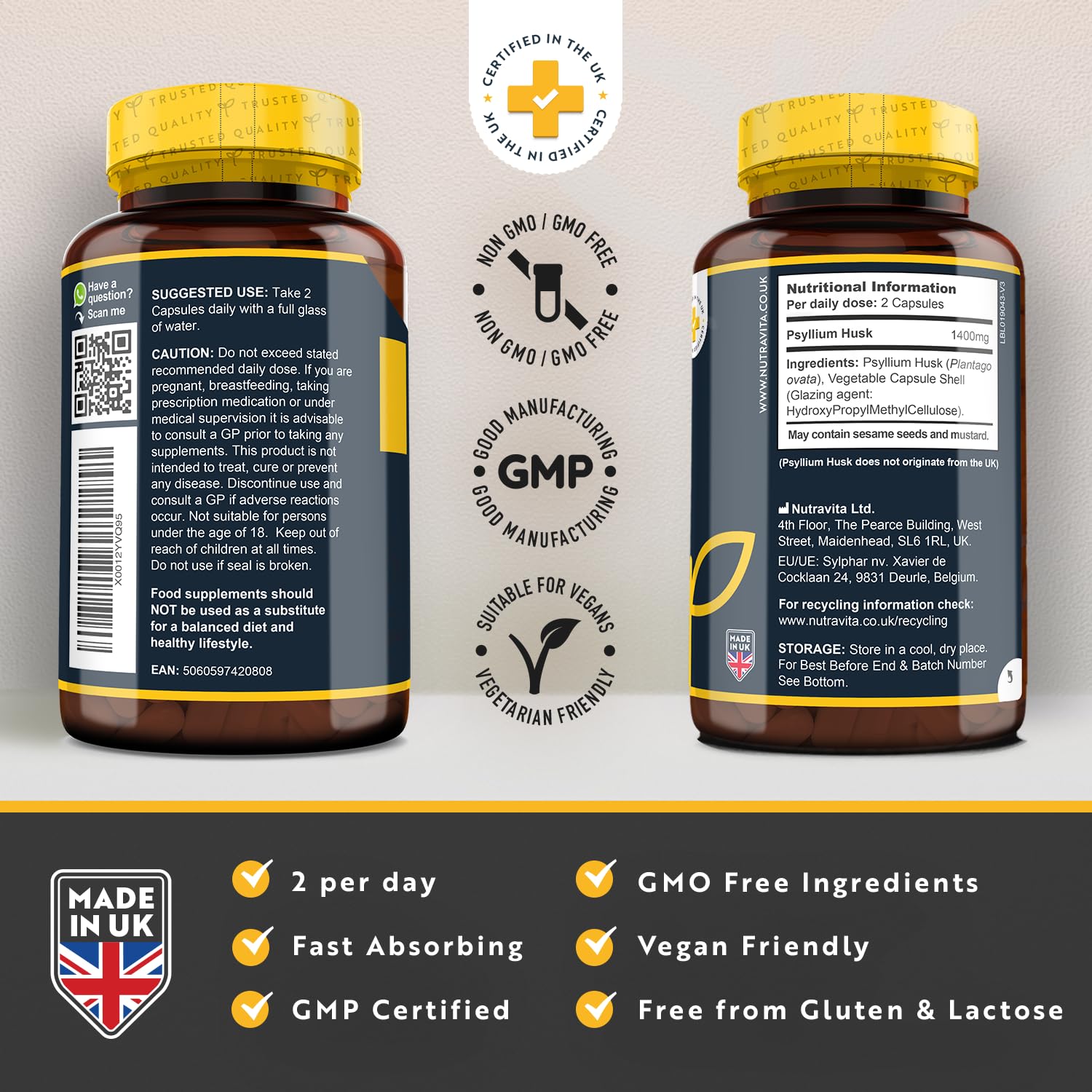 Psyllium Husks Fibre Supplement – 1400mg per Serving – Naturally High in Soluble Fibre Nutravita uk supplements