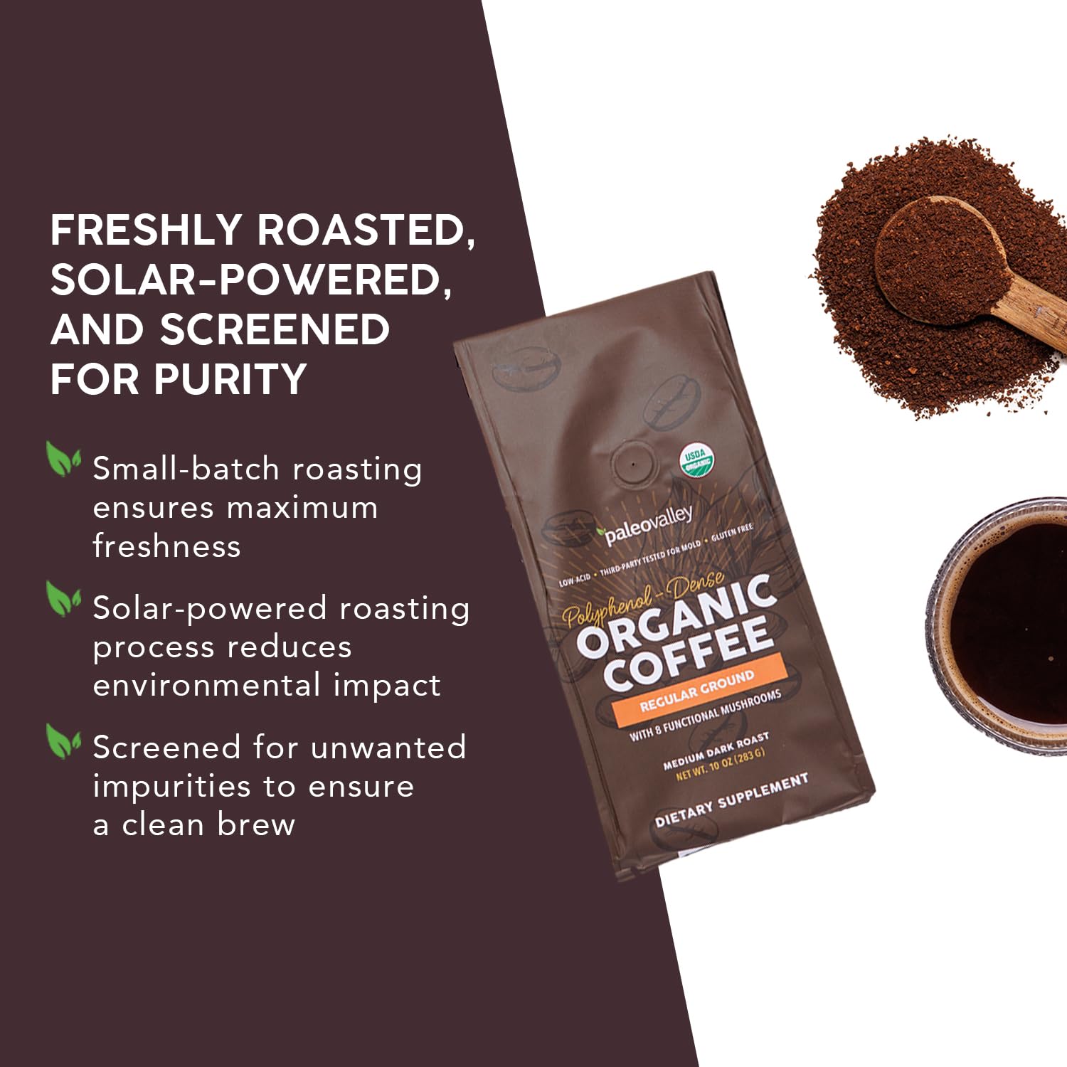 Paleovalley Organic Ground Coffee, 10oz - Regular, Low Acid, Single-Origin, Polyphenol-Rich, Infused with Mushrooms Paleovalley uk supplements