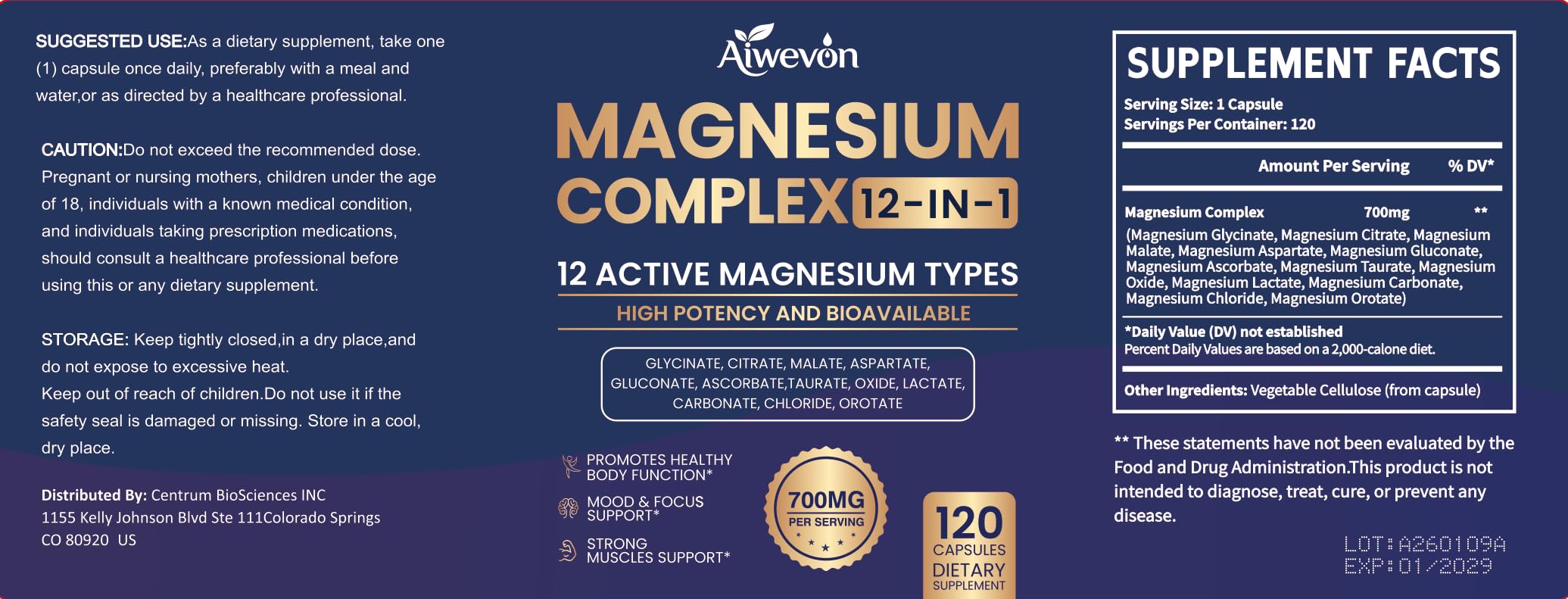 Magnesium Complex 700mg, 12 in 1 Magnesium Supplement with Glycinate, Citrate, Malate, Oxide, Taurate & Orotate, High Absorption Magnesium for Sleep, Muscle, Nerve & Heart Support, Vegan, 120 Capsules Aiwevon uk supplements