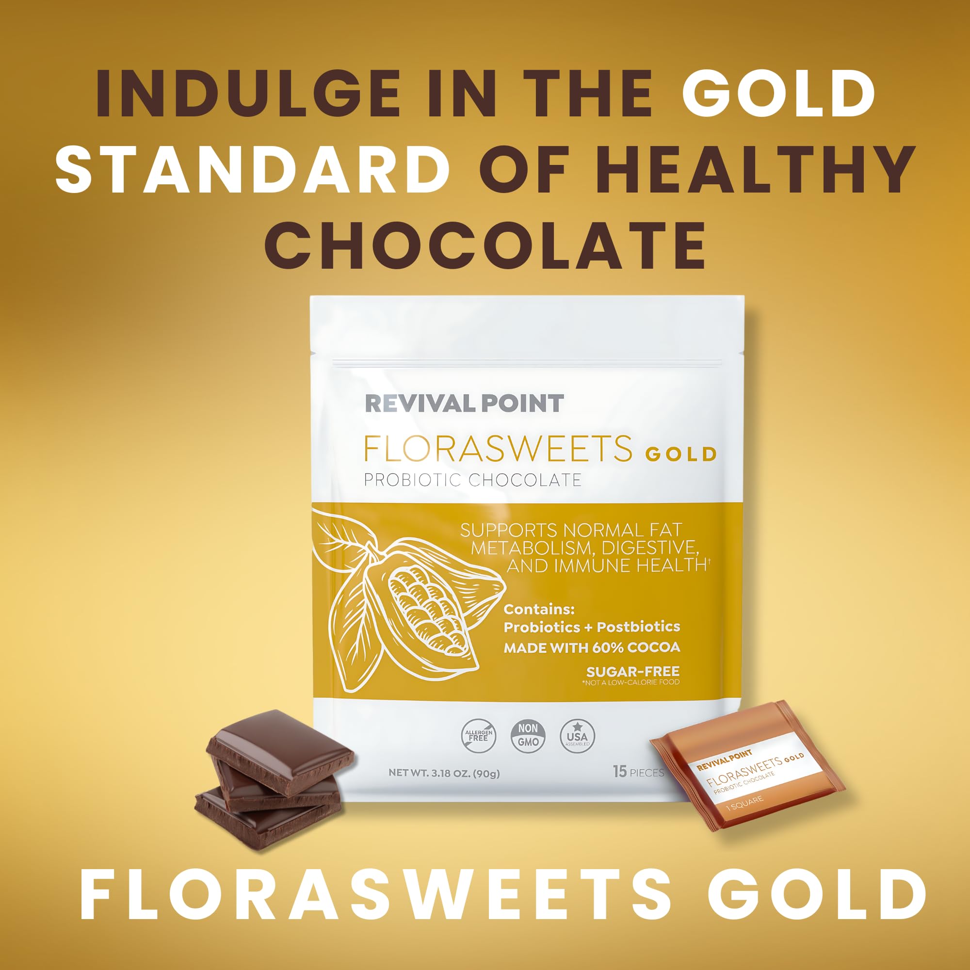 Revival Point Florasweets Gold Chocolate Bites with Probiotic + Postbiotic Stains DE111 & BPL1 - Indivally Wrapped - Supports Digestive & Gut Health Bacillus subtilis (1) Revival Point uk supplements