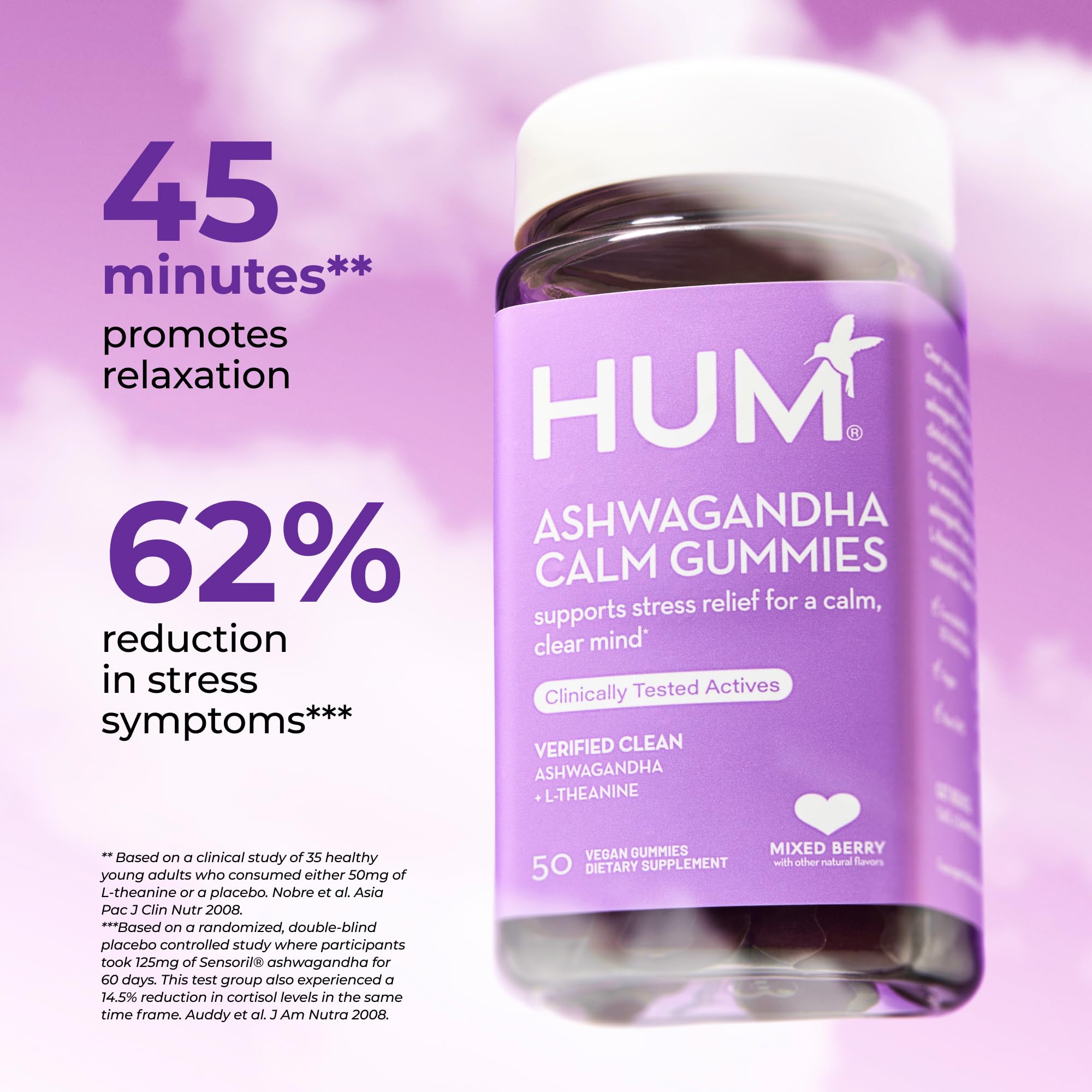 HUM Calm Ashwagandha Gummies for Women and Men, L-Theanine Ashwagandha Supplements for Daily Relaxation & Clarity Support, Vegan Fast Acting Gummy Formula, Mixed Berry Flavor, 60 Gummies HUM uk supplements