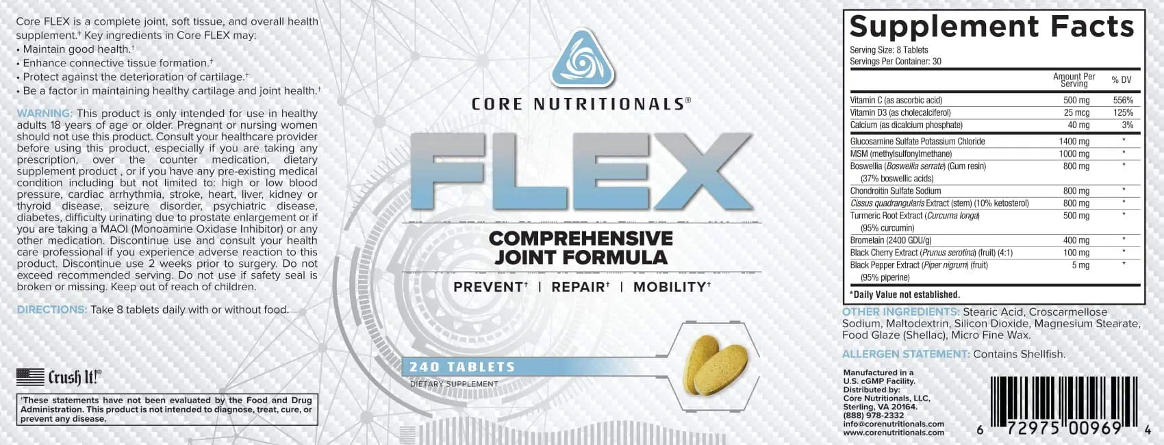 Core Nutritionals Flex Comprehensive Joint Formula | Promotes Healthy Tendons, Ligaments, & Cartilage | Improve Mobility | Antioxidants for Recovery | 240 Tablets Core Nutritionals uk supplements
