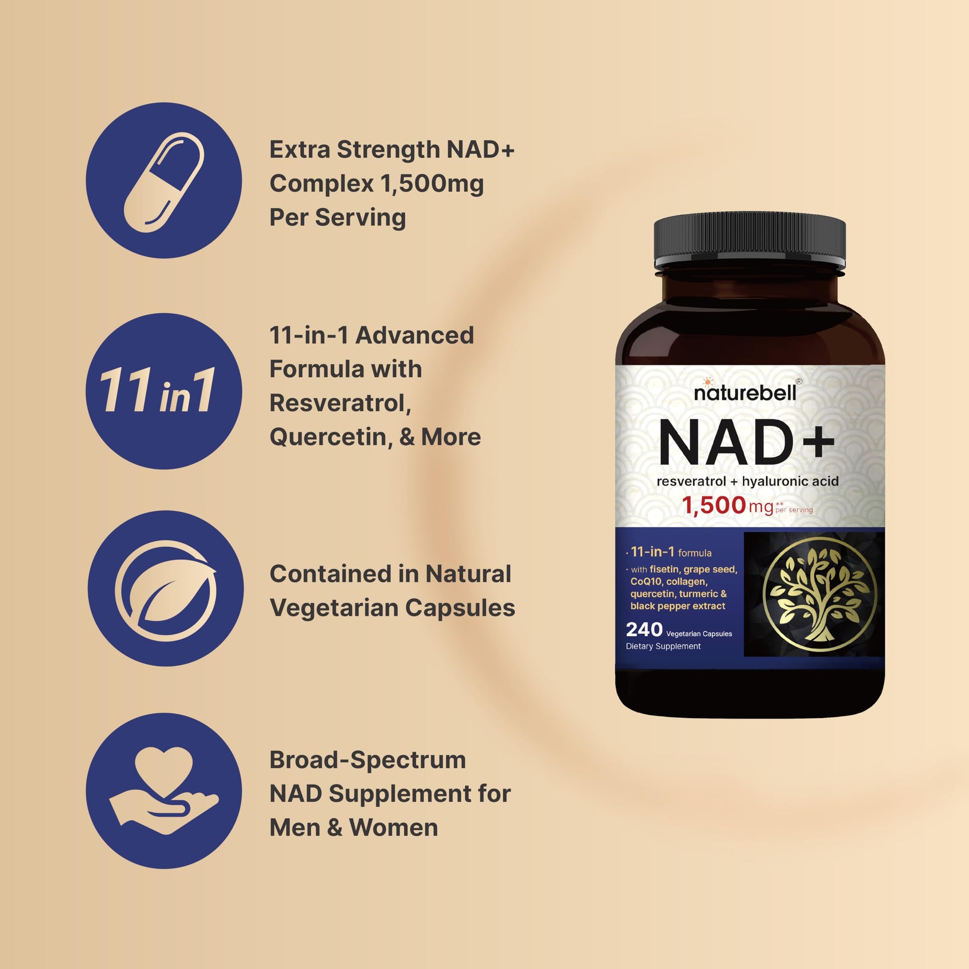 NatureBell NAD+ Complex 1,500mg Per Serving, 240 Veggie Capsules | NMN Supplement Alternative | NAD Plus Resveratrol, Hyaluronic Acid, Quercetin, Fisetin, Collagen, & More – Non-GMO NatureBell uk supplements