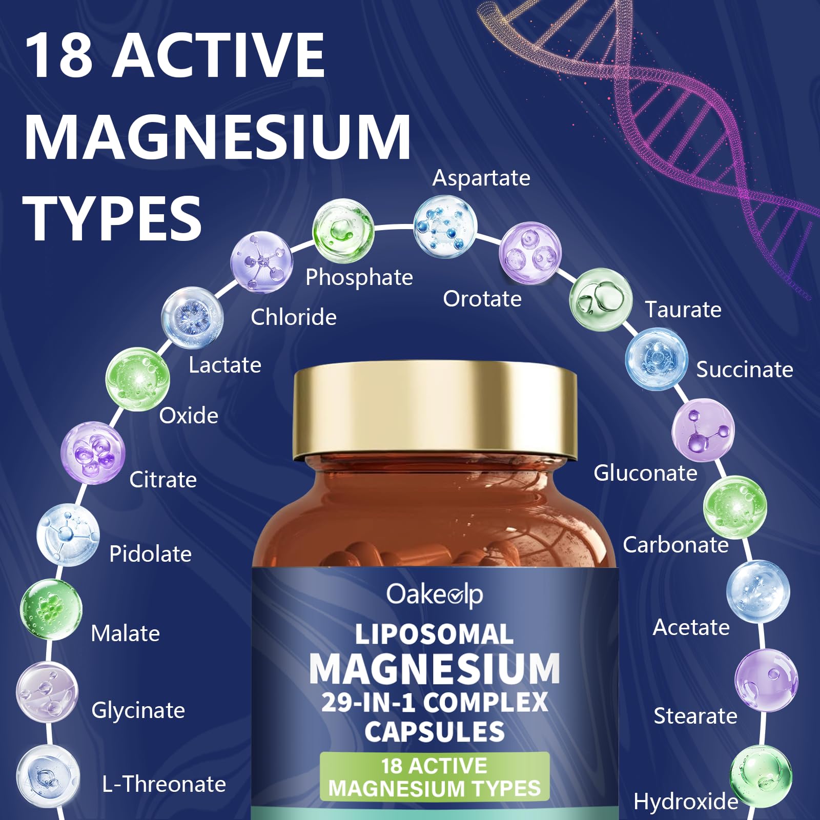 29-in-1 Liposomal 18 Active Types Magnesium Complex 1400MG Capsule,L-Threonate Glycinate Malate etc,Mild & Efficient,Extra Vitamin B6 B12 D3K2 & CoQ10, Relaxation Nerve* & Hert* Support Oakevlp uk supplements