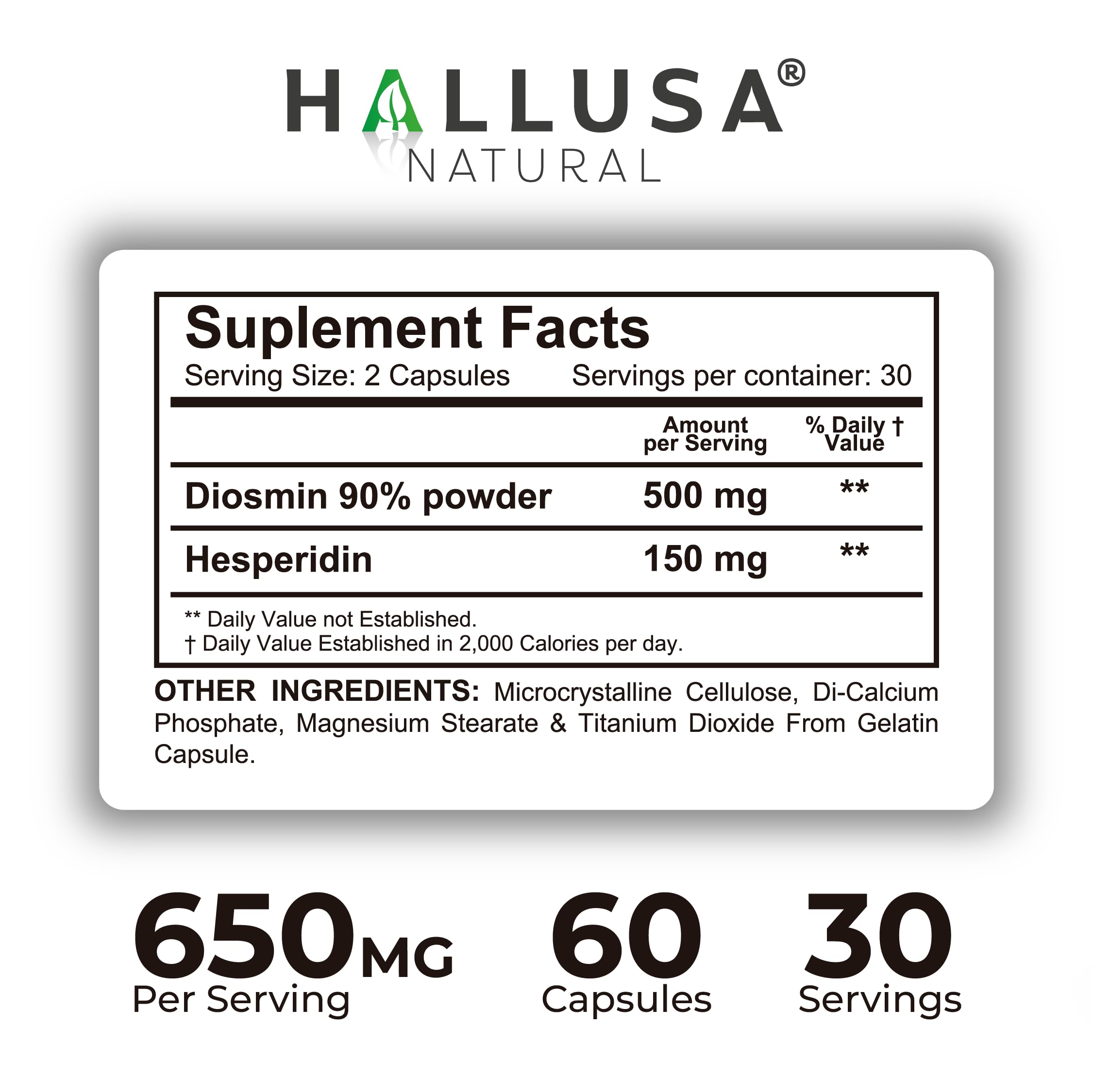 Hallusa Natural Hallosmine Ultra Diosmin 500mg & Hesperidin 150mg – Heavy Legs, Swelling & Vein - Blood Circulation Supplements, 60 Caps Hallusa Natural uk supplements