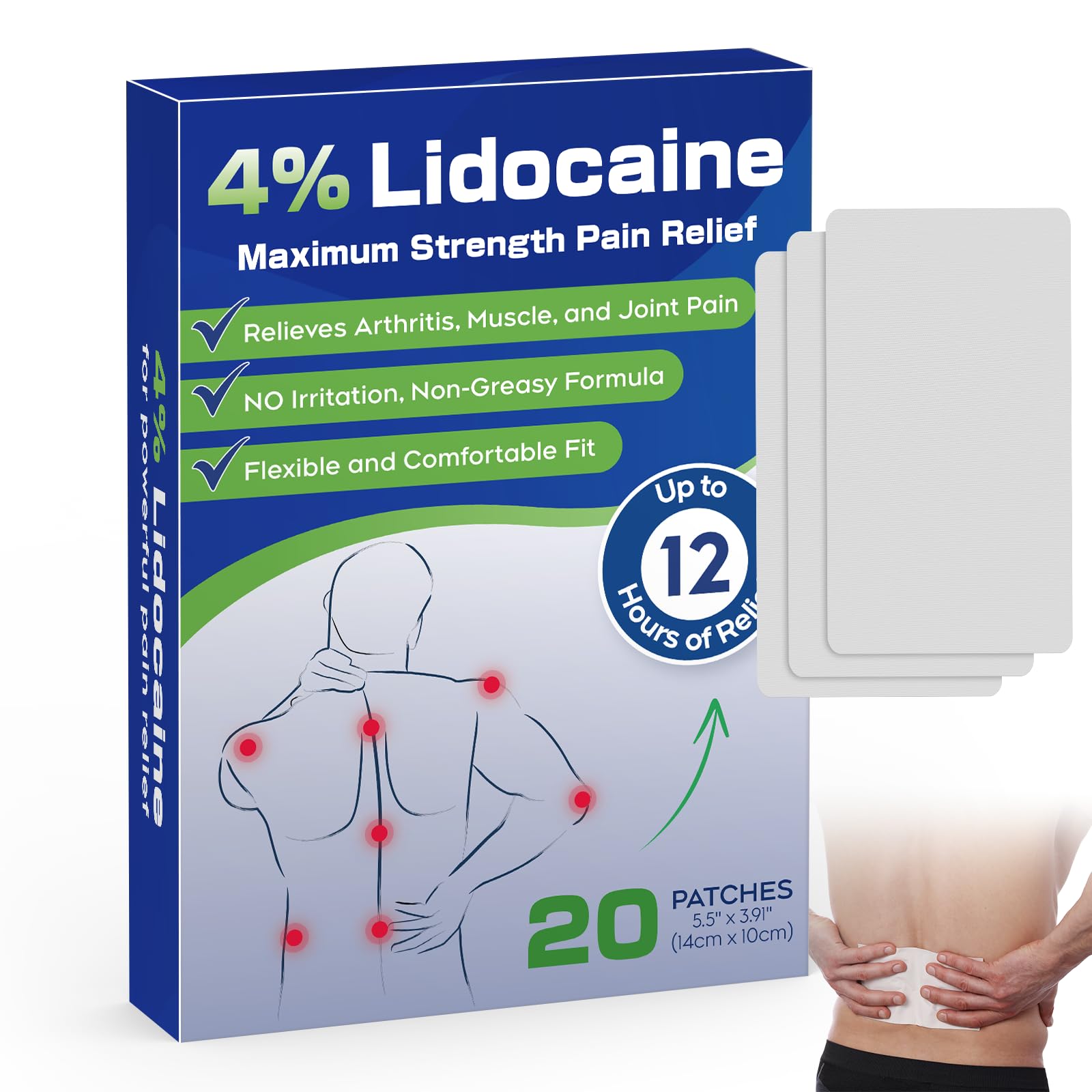 Uposiut 4% Lidocaine Patches - 20 Count Maximum Strength Lidocaine Patches, 10 Packs of 2 Patches for Muscle Pain Relief in The Neck, Shoulders, Back, Knees, and Anks, 12 Hour Pain Relief-012345 Uposiut uk supplements