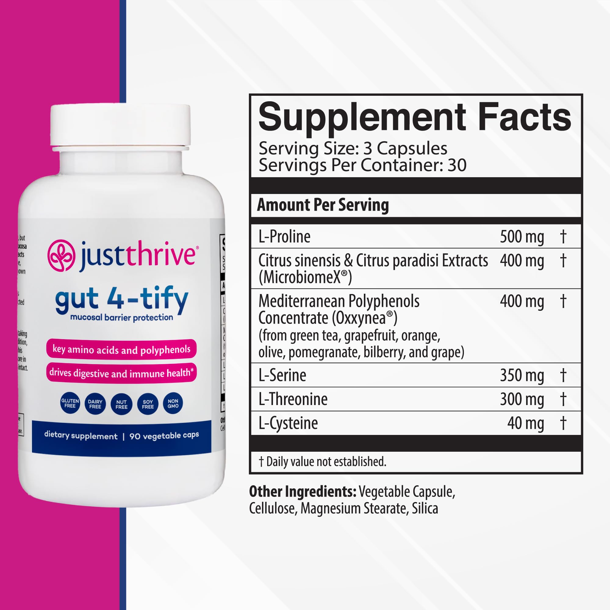 Just Thrive Gut 4-tify - Gut Health Supplements for Women and Men - Anti Bloat, 90 Vegetable Capsules Just Thrive uk supplements