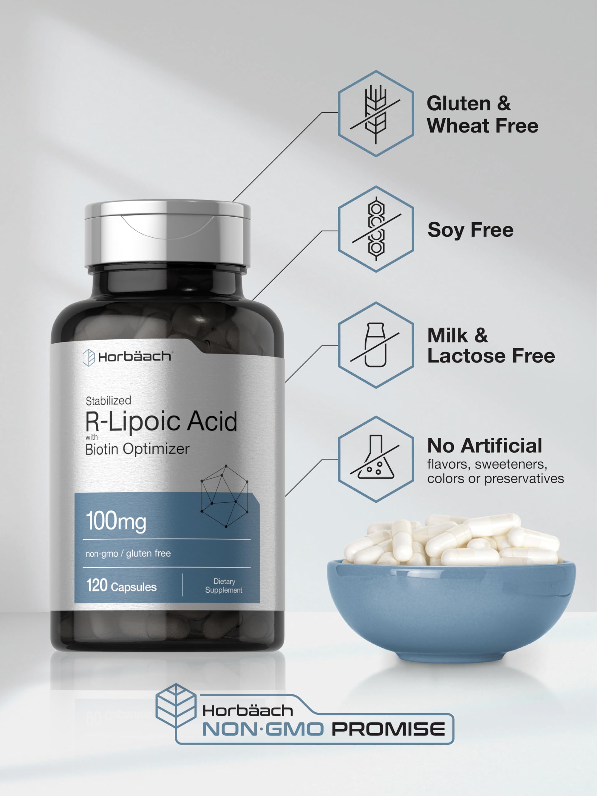 R-Lipoic Acid 100 mg | 120 Capsules | with Biotin Optimizer | Non-GMO, Gluten Free Horbäach uk supplements