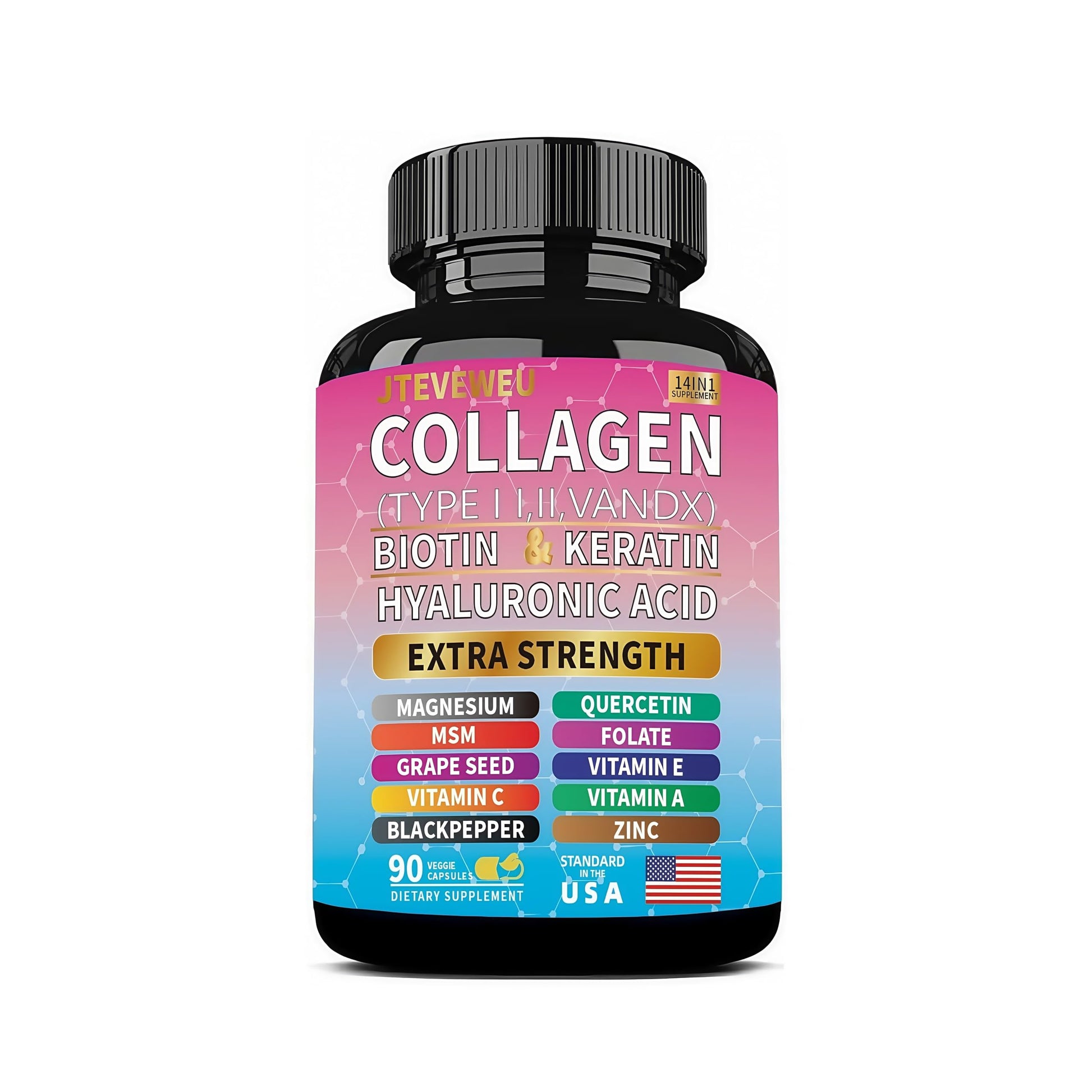 JTEVEweu Collagen Supplement - Type I, II, III, V and X - with Biotin, Keratin, Hyaluronic Acid & 13+ Extra Strength Ingredients - （90 Capsules） JTEVEweu uk supplements