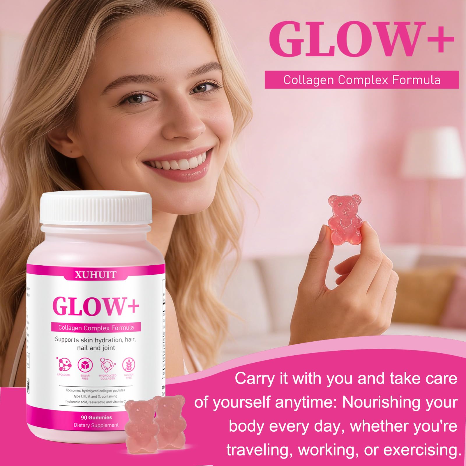 PBZPBZ Glow Collagen Gummies with Hyaluronic Acid & Resveratrol | Gentle Support for Skin, Hair & Nail Care | Non-GMO | 90 Count (1) PBZPBZ uk supplements