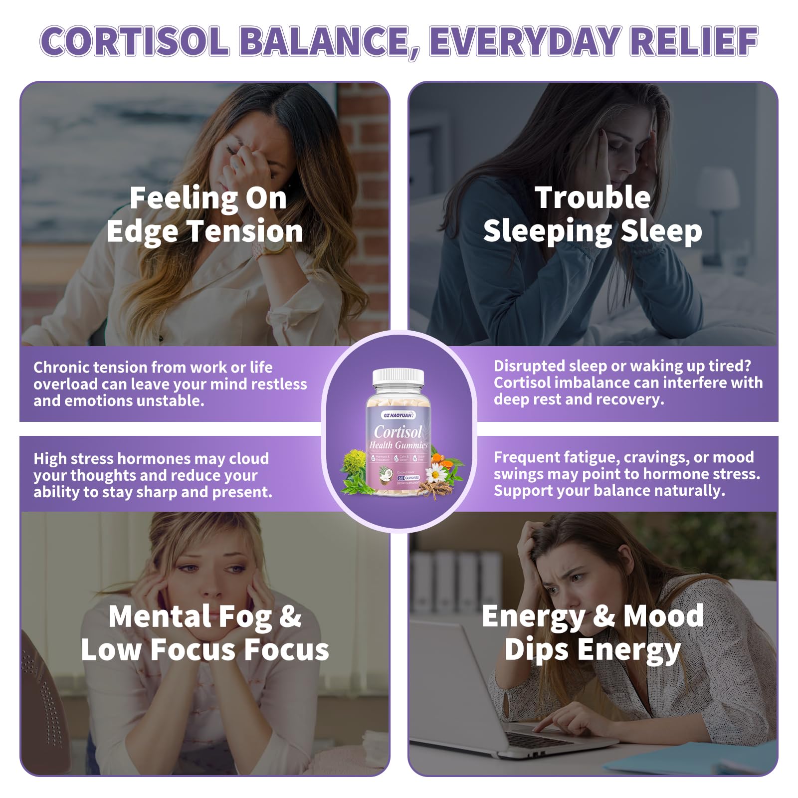 Cortisol Gummies for Women - Cortisol Supplements with Magnesium Glycinate, Ashwagandha, L-Theanine, Vitamin B Complex for Relaxation, Sleep, Calm Mood & Focus - Vegan, Sugar Free Coconut Flavor GZ HAOYUAN uk supplements